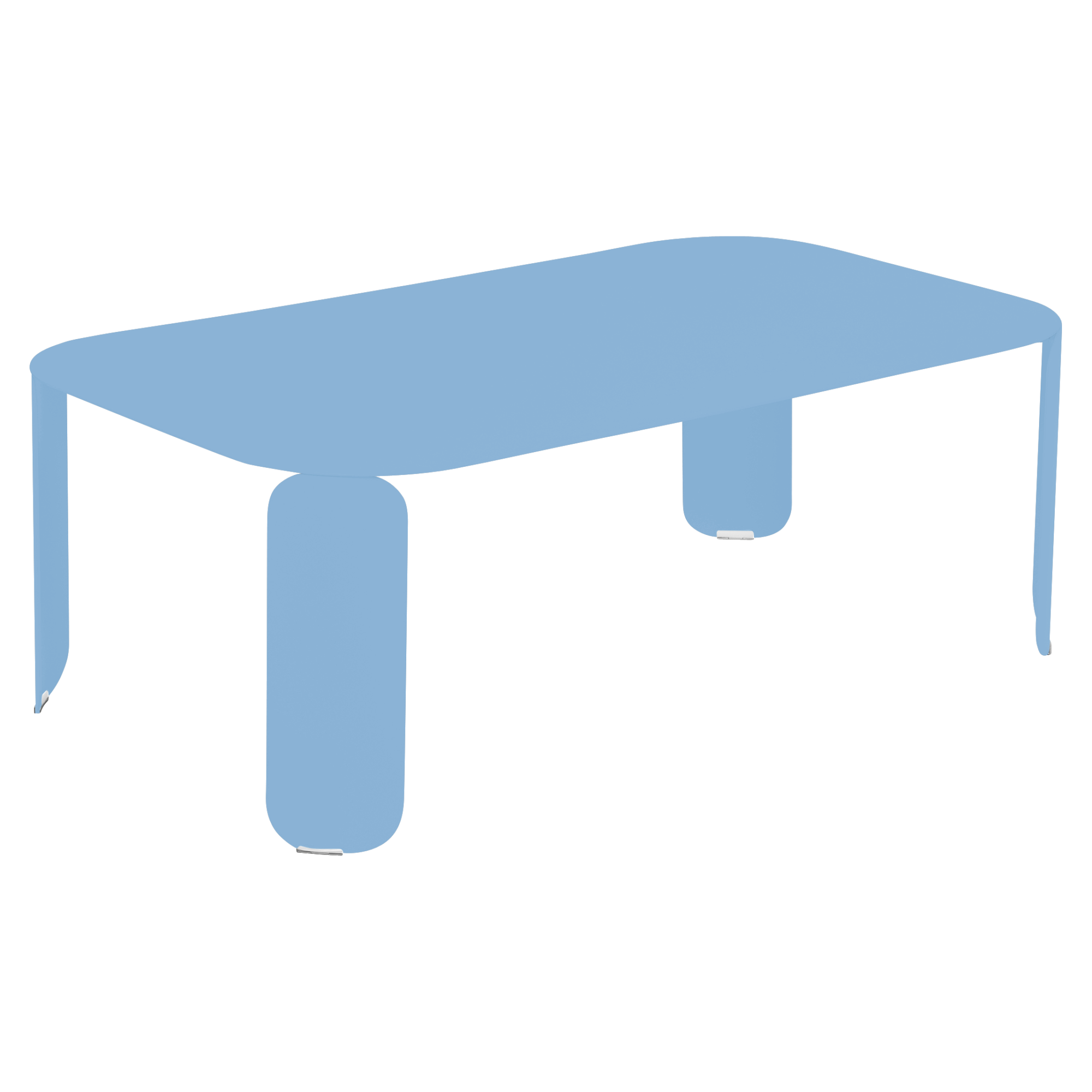 La Table basse Bebop rectangulaire est une table basse bleue minimaliste dotée de pieds arrondis et de bords incurvés, présentée sur un fond transparent.