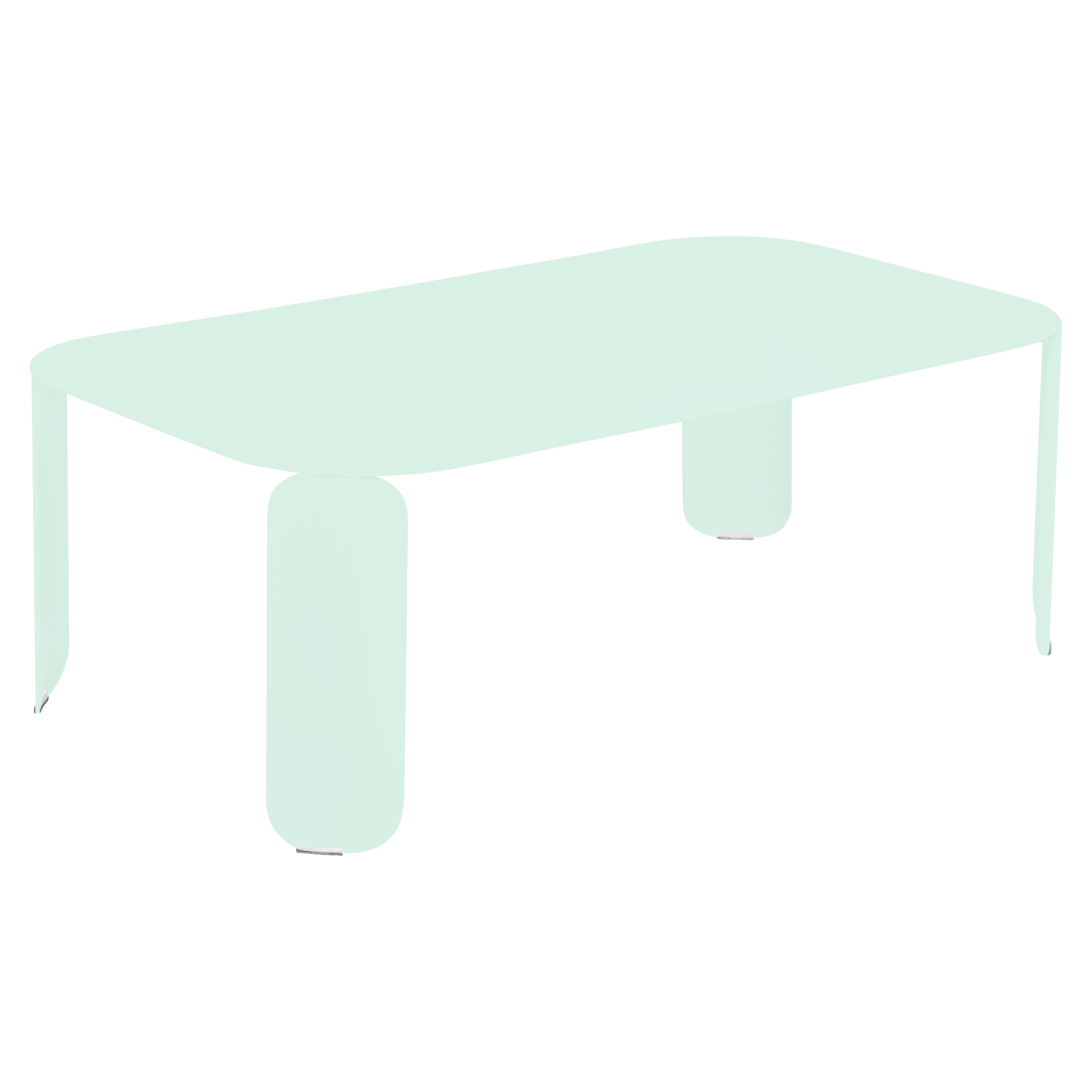 Une illustration minimaliste de la Table basse Bebop rectangulaire, montrant ses trois pieds arrondis et son plateau plat en vert clair sur fond transparent.