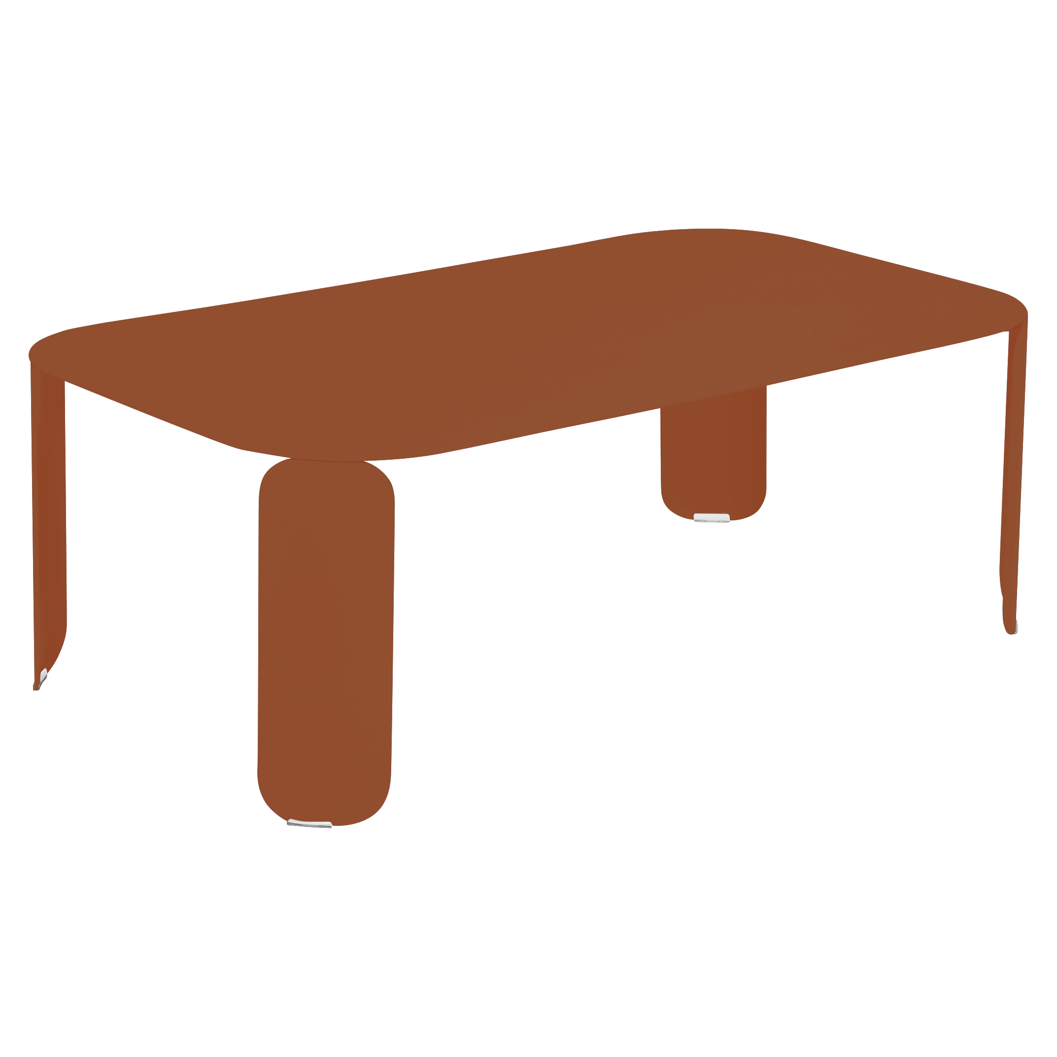 La Table basse Bebop rectangulaire est une table basse marron moderne aux bords arrondis et aux pieds épais et cylindriques.