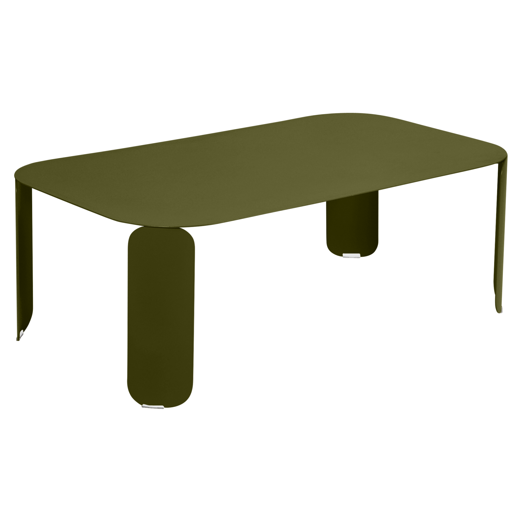 La Table basse Bebop rectangulaire est une table basse rectangulaire vert olive aux coins arrondis et aux pieds épais et courbés, présentée sur un fond uni.