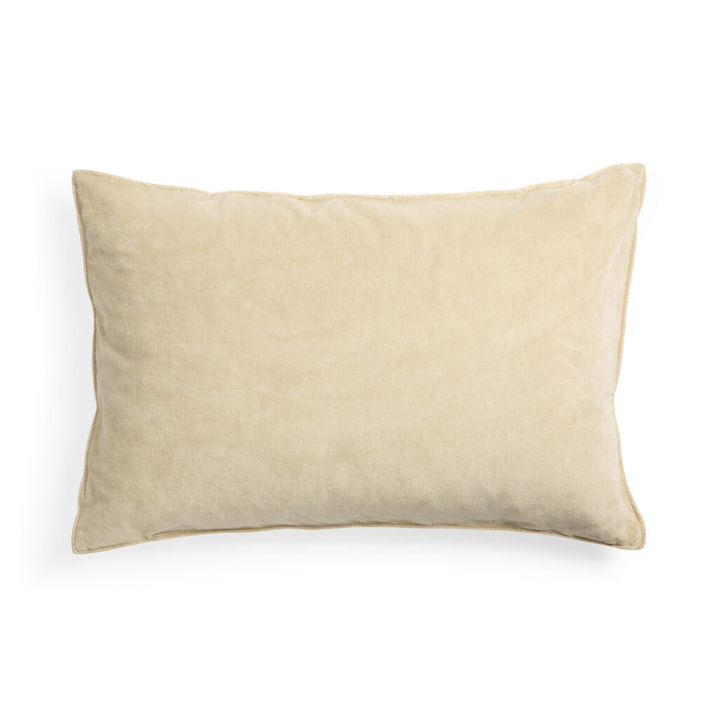 Un coussin rectangulaire en velours de couleur crème mesurant 50x50x15 est présenté sur un fond blanc.