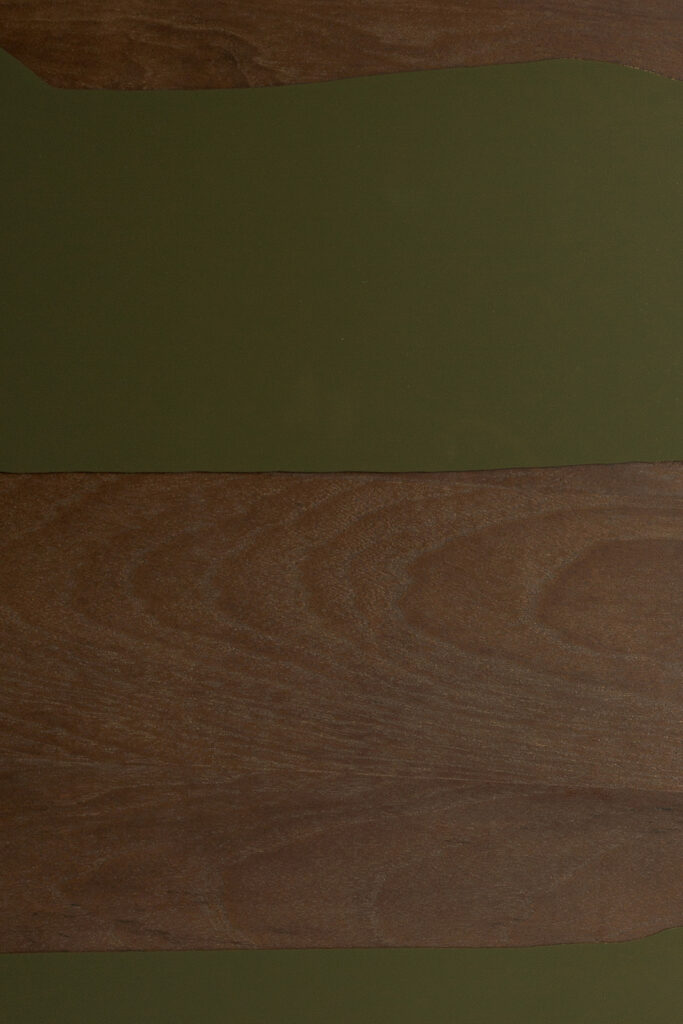 Le plateau en verre Moss Second Nature de grande taille carré présente une surface en bois ornée de rayures horizontales vertes et brunes, évoquant l'étreinte sereine de la mousse et rappelant son toucher tranquille.