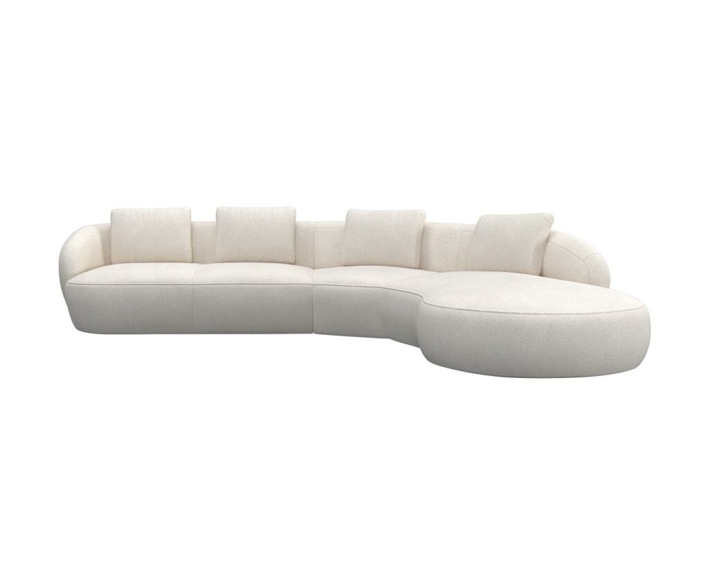 Un canapé Expo - Torino 2,5 places, doté d'un design blanc incurvé et accompagné de cinq coussins, se pose élégamment sur un fond blanc immaculé.