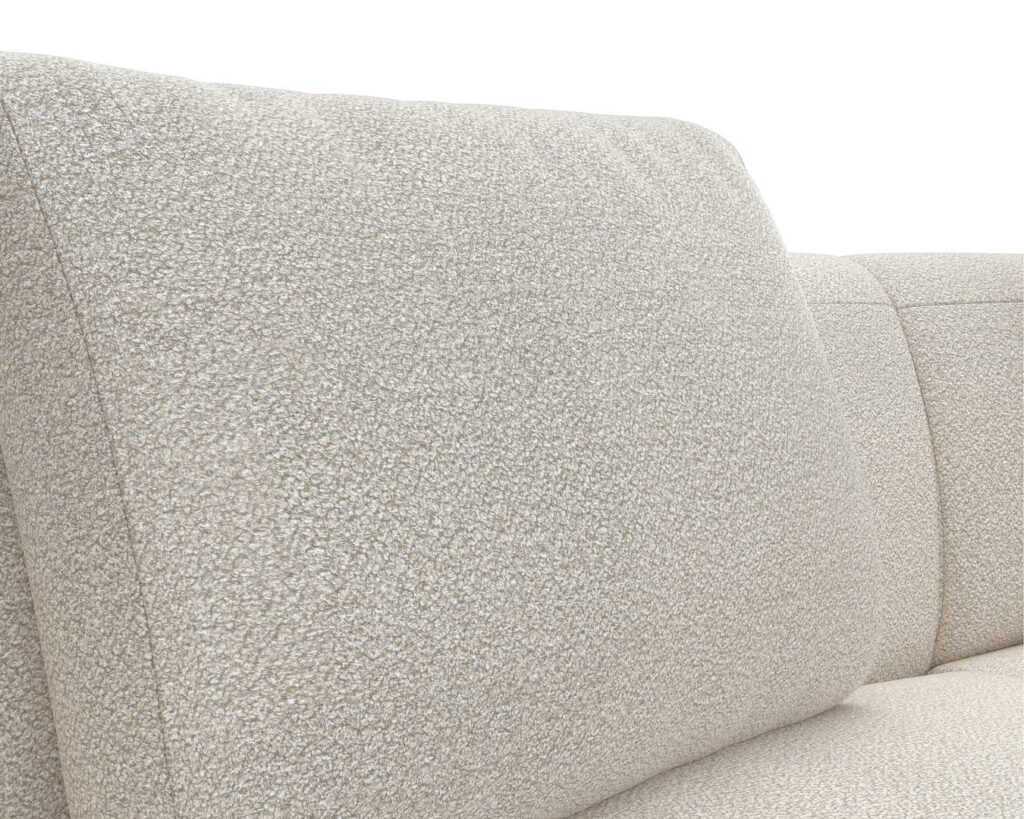 Vue détaillée du canapé Expo - Torino 2,5 places en gris clair avec un tissu texturé, doté de deux grands coussins comme pièce maîtresse élégante.