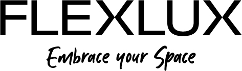 Logo avec le texte « FLEXLUX » au-dessus « Embrace your Space » sur fond blanc.