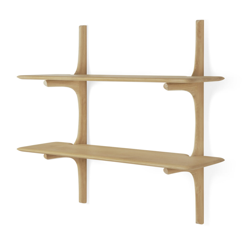 Étagère murale en bois à deux niveaux et au design minimaliste, fabriquée en chêne naturel pour une touche élégante. Cette étagère murale allie parfaitement style et fonctionnalité.
