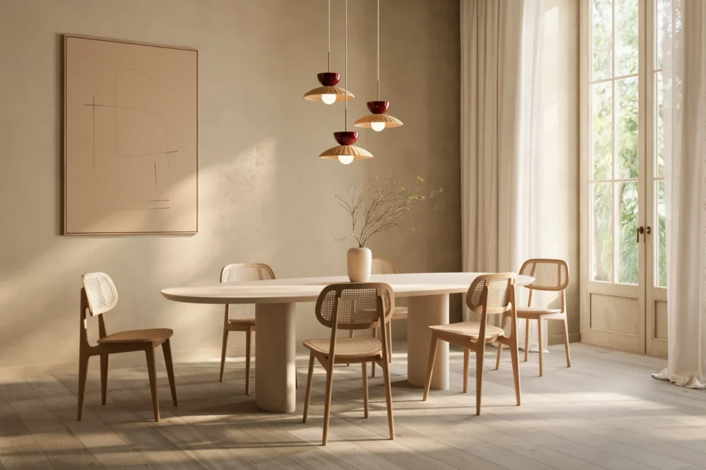 Une salle à manger minimaliste présente la Table ovale Ari, six chaises en bois, un vase en forme de branche, des lampes suspendues, des œuvres d'art murales abstraites et de hautes fenêtres avec des rideaux transparents.