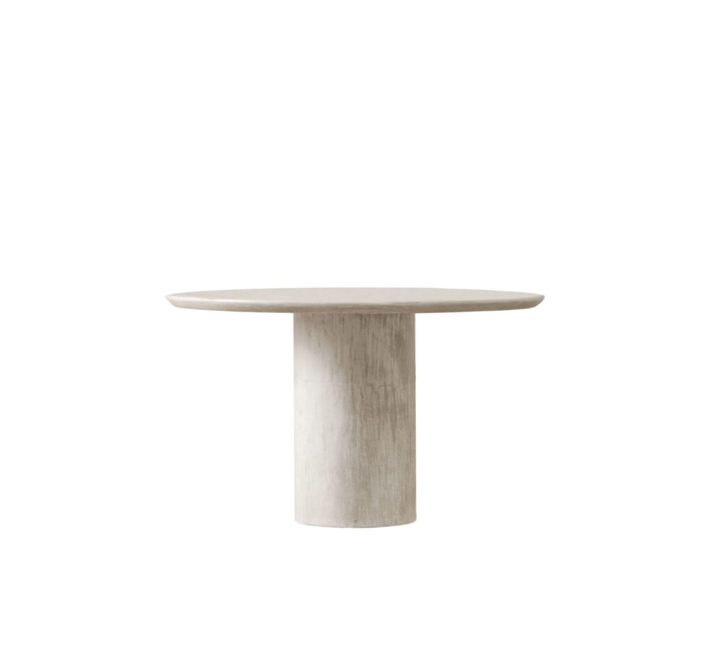 La table Ari - ronde - est un superbe meuble avec une base cylindrique et une surface plane et lisse sur un fond blanc éclatant.