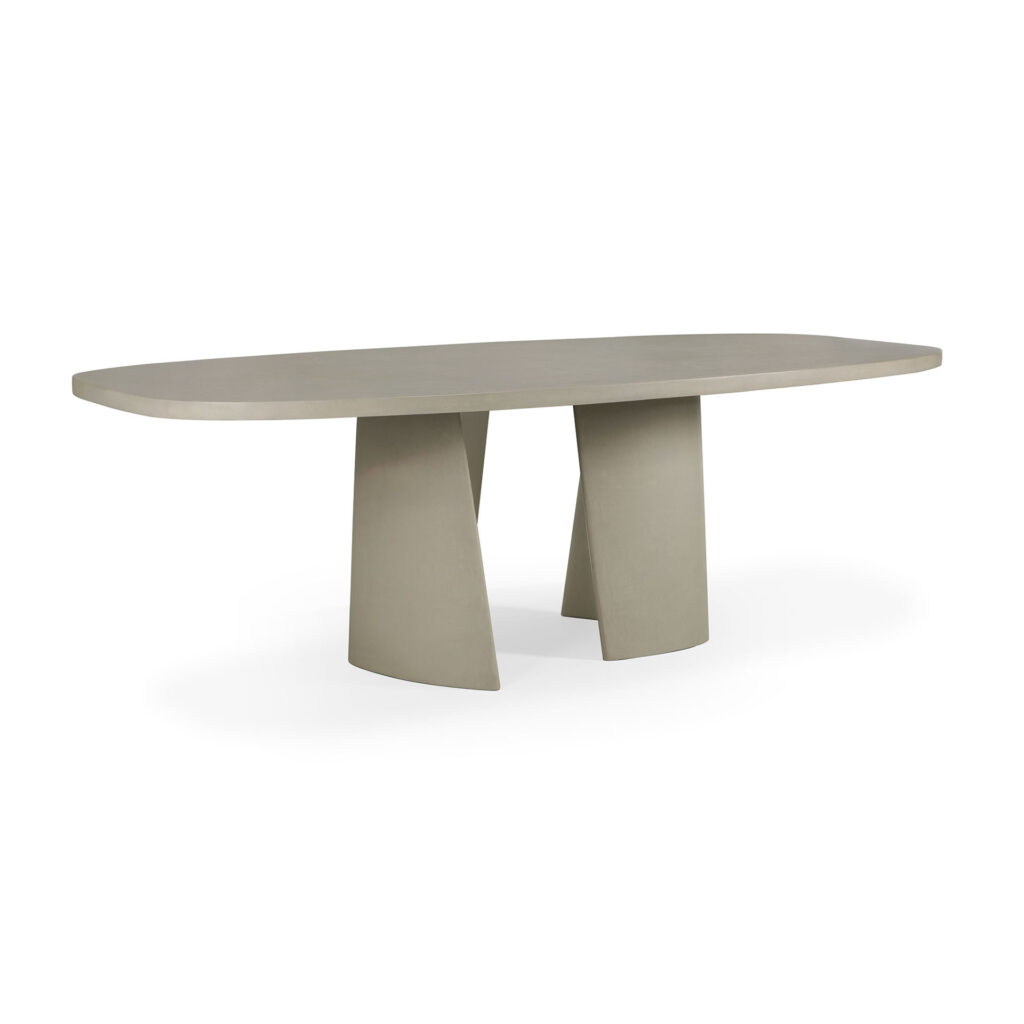 La table à manger d'extérieur ovale Canyon présente un design moderne avec des bords arrondis, une base à double piédestal et est disponible dans un gris clair élégant.