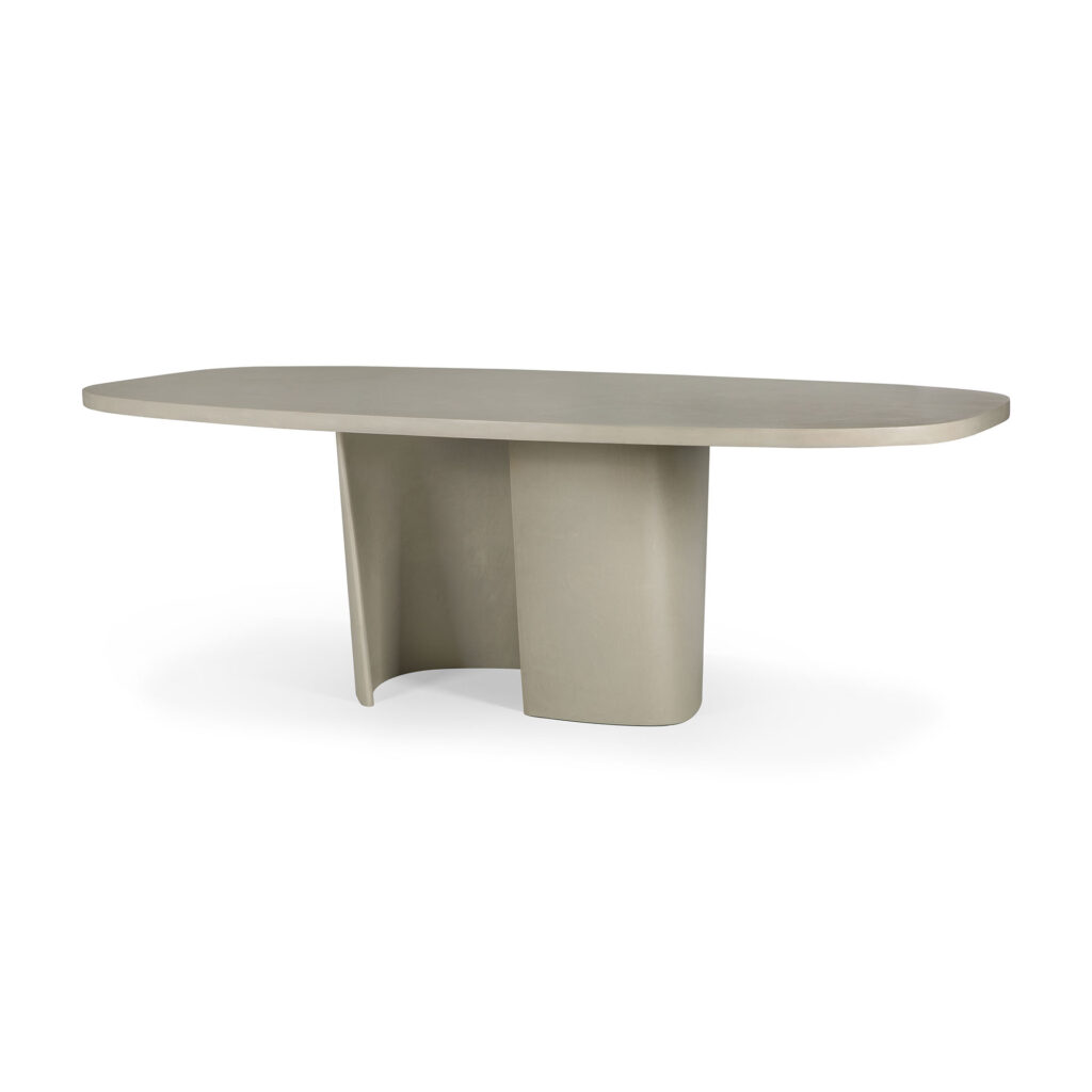 Une table à manger d'extérieur ovale Canyon gris olive avec une base à double piédestal, sur fond blanc uni.