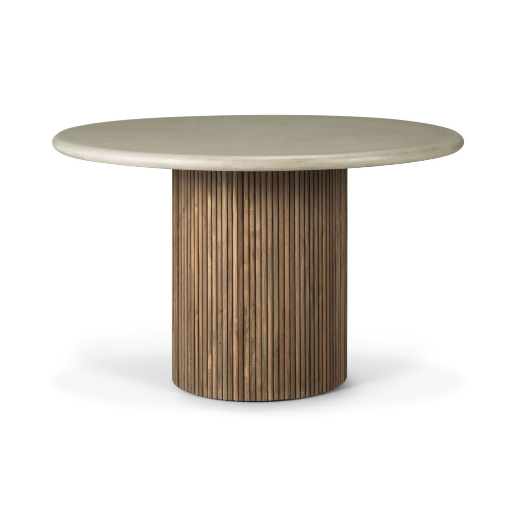 La table à manger Roller Max out. est dotée d'un plateau gris clair et d'une base cylindrique élégante en bois, idéale pour les espaces modernes.