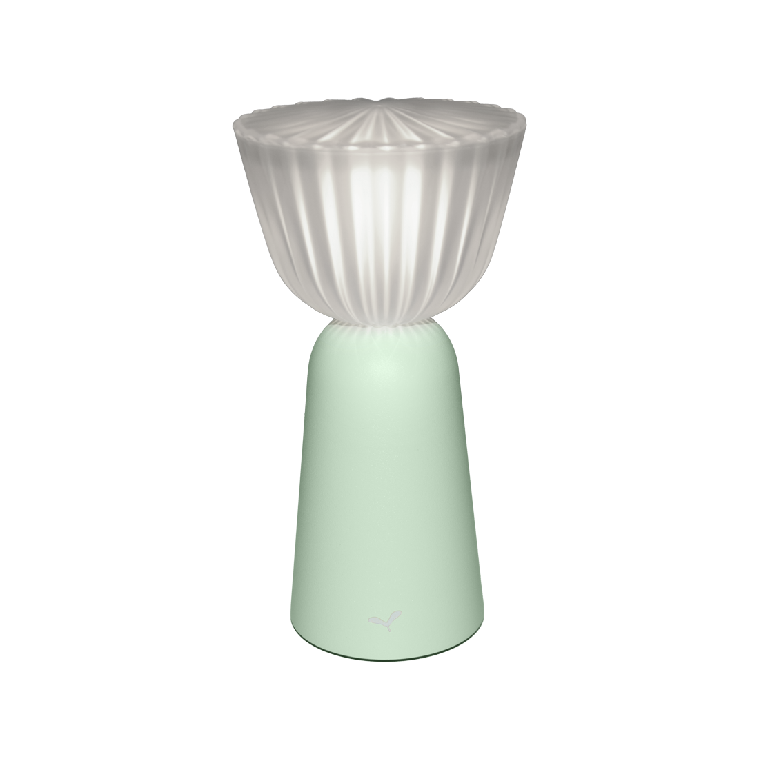 La Lampe Swiing présente une base moderne vert menthe complétée par un abat-jour blanc plissé, ajoutant une touche d'élégance à n'importe quel espace.