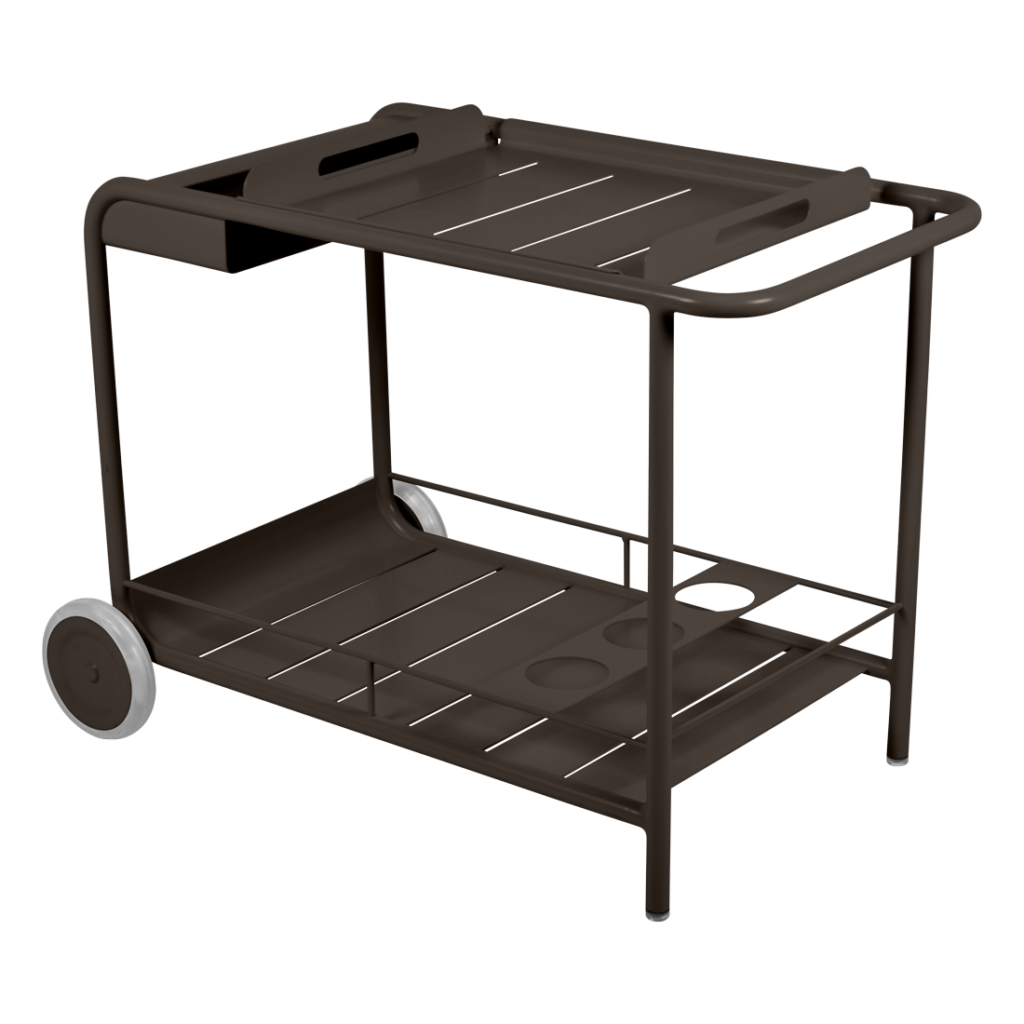 Découvrez le Desserte, un chariot utilitaire moderne au design élégant en métal marron. Doté de deux roues pour une mobilité optimale, il est doté d'une surface supérieure plane et d'une étagère inférieure pratique. Idéal pour tous les espaces, son style évoque l'élégance du Luxembourg tout en offrant praticité.