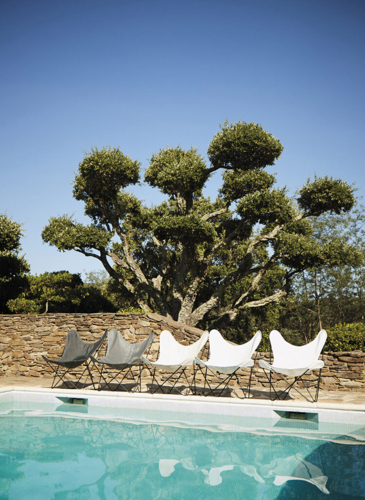 Cinq fauteuils papillon d'extérieur Fauteuil AA, confectionnés en tissu Batyline Eden écru, sont alignés au bord de la piscine. Ils reposent élégamment contre un mur de pierre, à côté d'un grand arbre à la forme unique, sous un ciel bleu azur.
