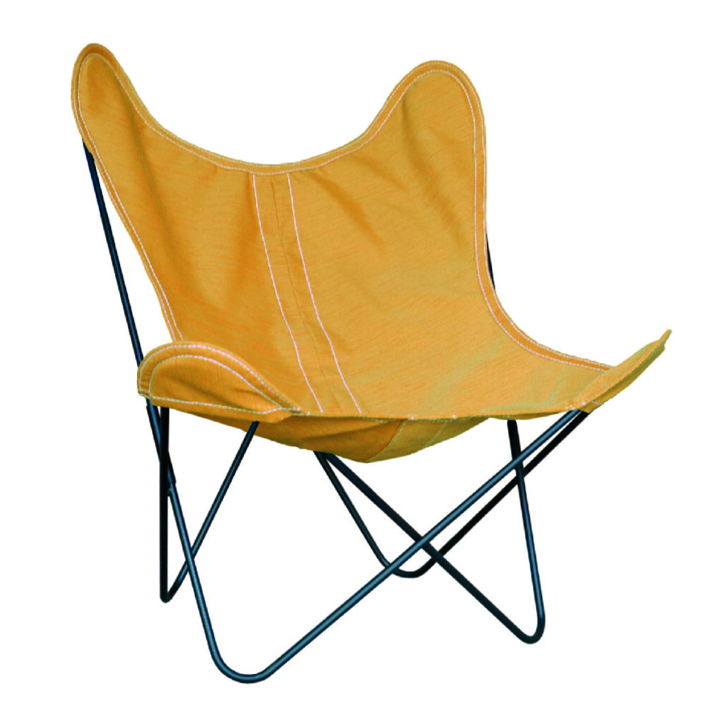 Fauteuil papillon AA jaune doté d'une structure en acier robuste et d'une assise confortable en tissu batyline eden, parfait pour se détendre en extérieur.