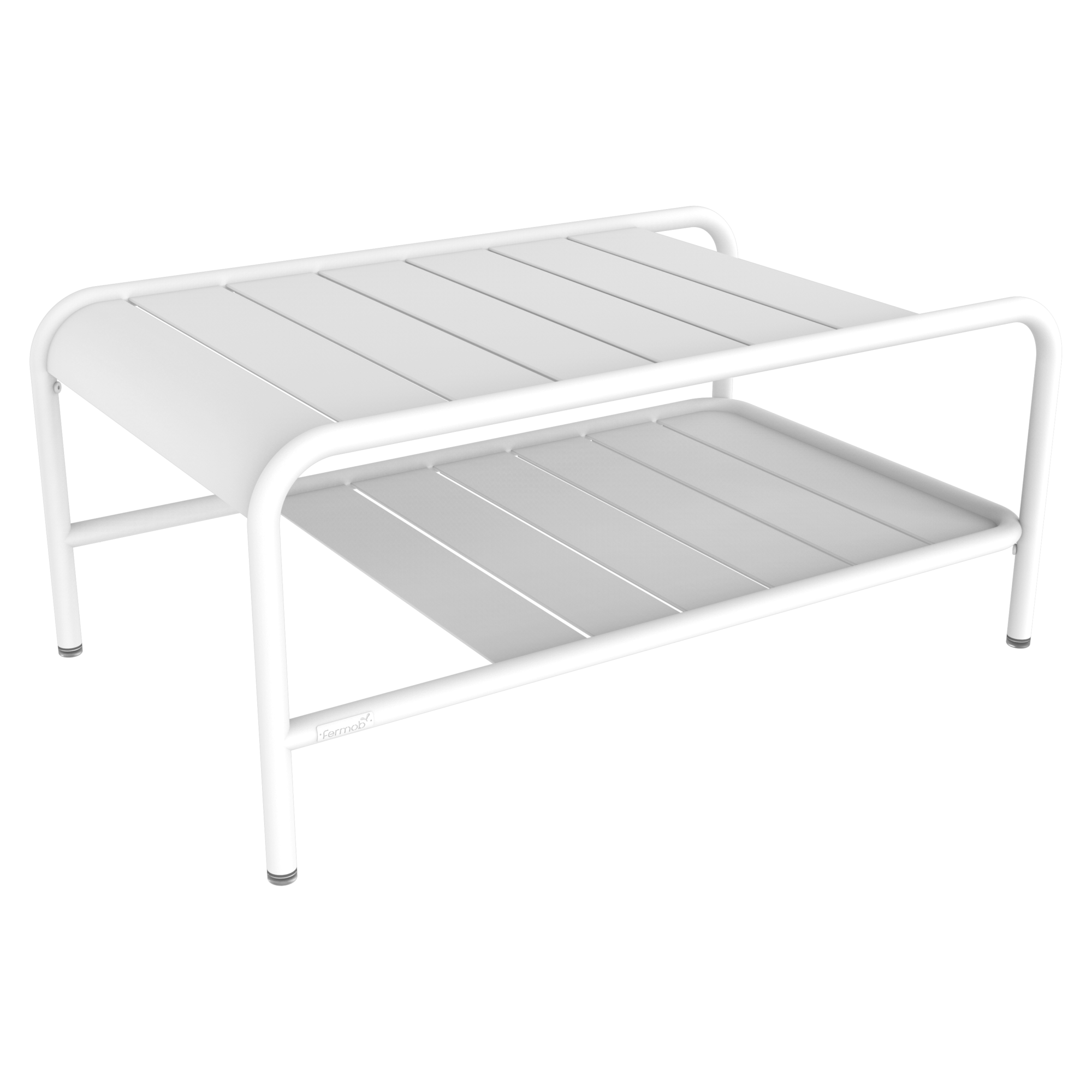 Un porte-chaussures en métal blanc à deux niveaux avec des lattes horizontales et des bords incurvés, conçu dans un style Lxmbrg moderne pour compléter un décor contemporain.