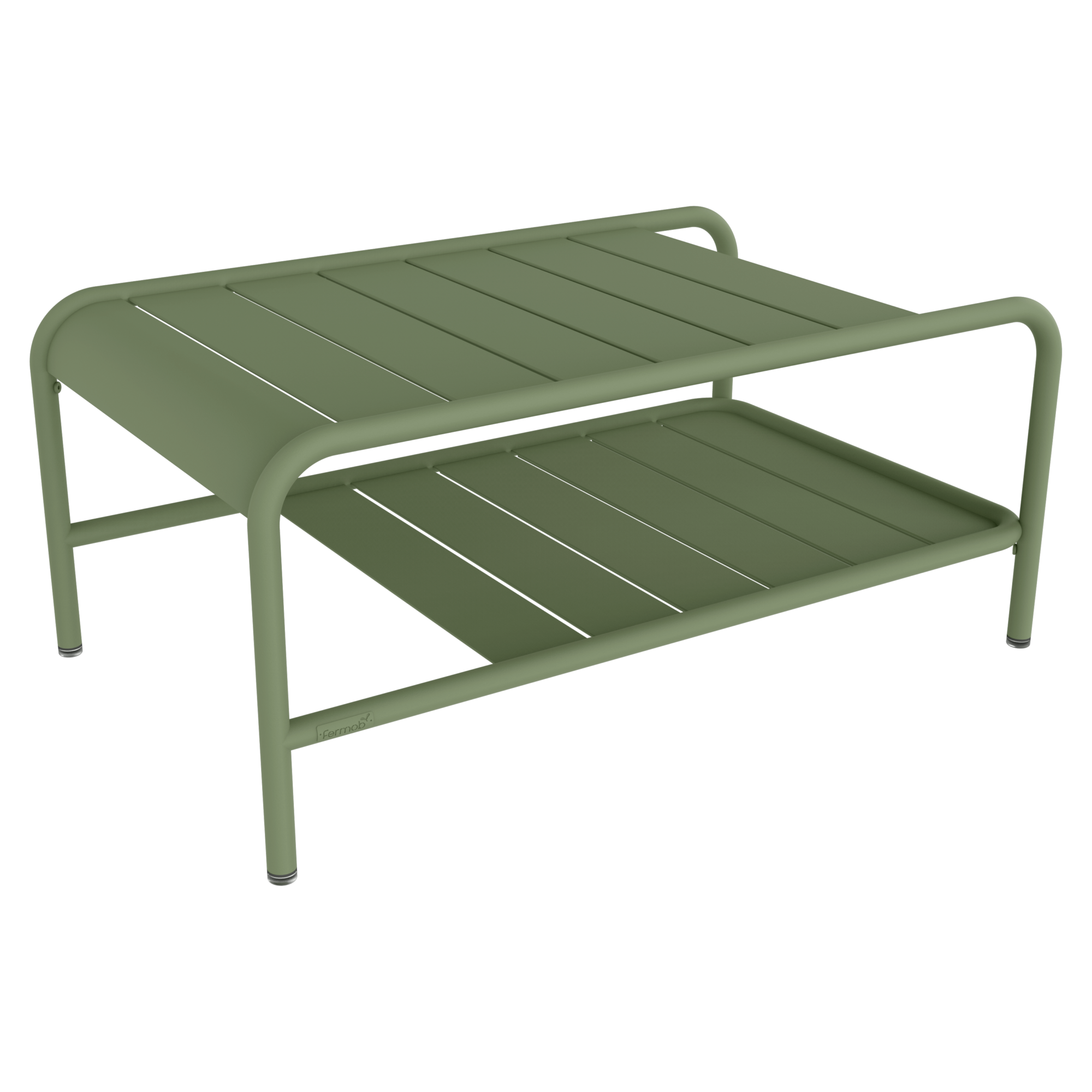 Une table basse en métal vert avec une surface supérieure à lattes et une étagère inférieure, dotée de bords arrondis et de pieds robustes, parfaite pour ajouter une touche de style Carbone à votre espace de vie.