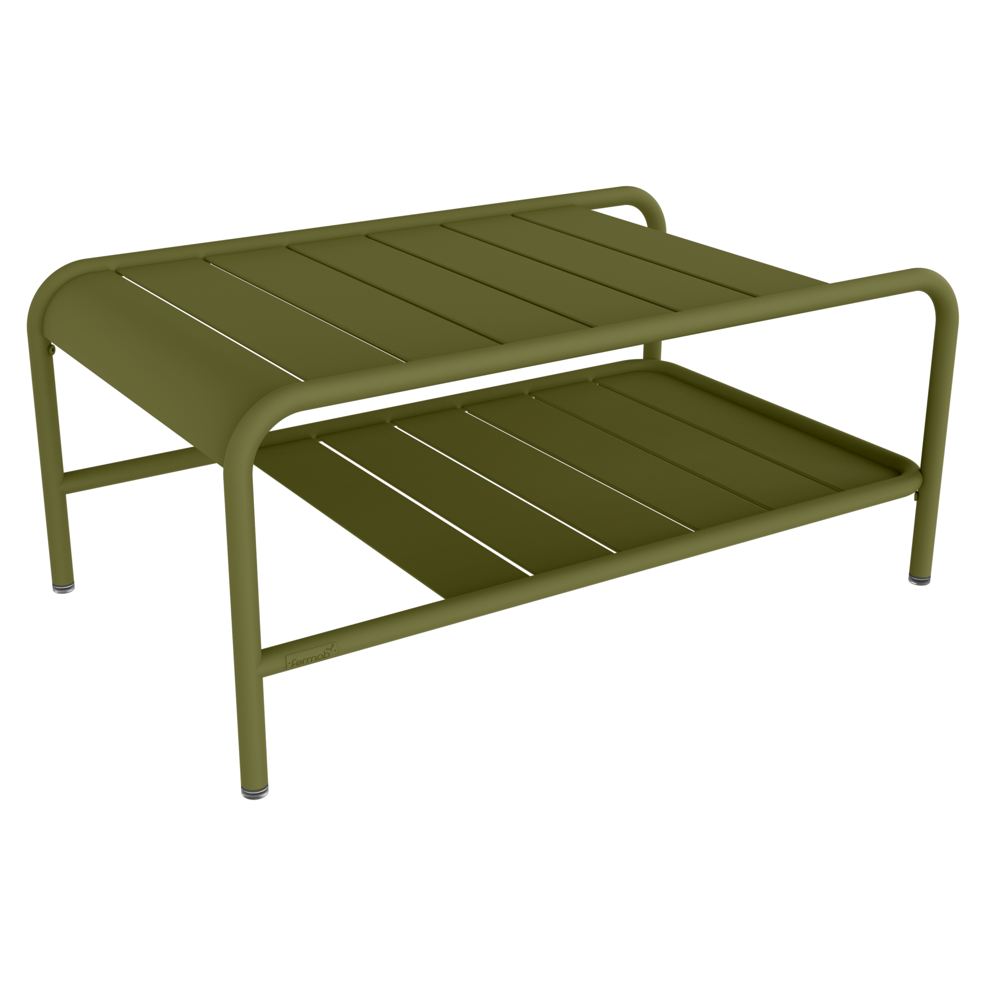 Table basse en métal vert olive de Lxmbrg, dotée d'un plateau à lattes, d'une étagère inférieure, de bords arrondis et de quatre pieds robustes - un accent élégant inspiré de Carbone pour n'importe quel espace.