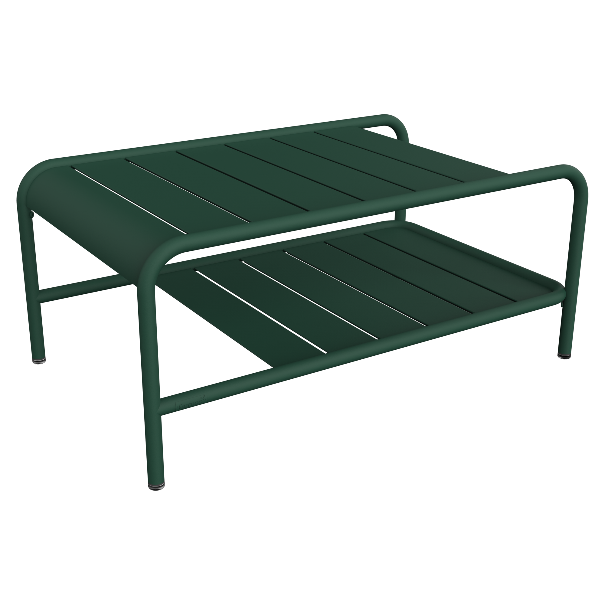 La table basse Lxmbrg Carbone est une table basse en métal vert avec un plateau à lattes et une étagère inférieure, dotée de bords arrondis et de quatre pieds robustes.