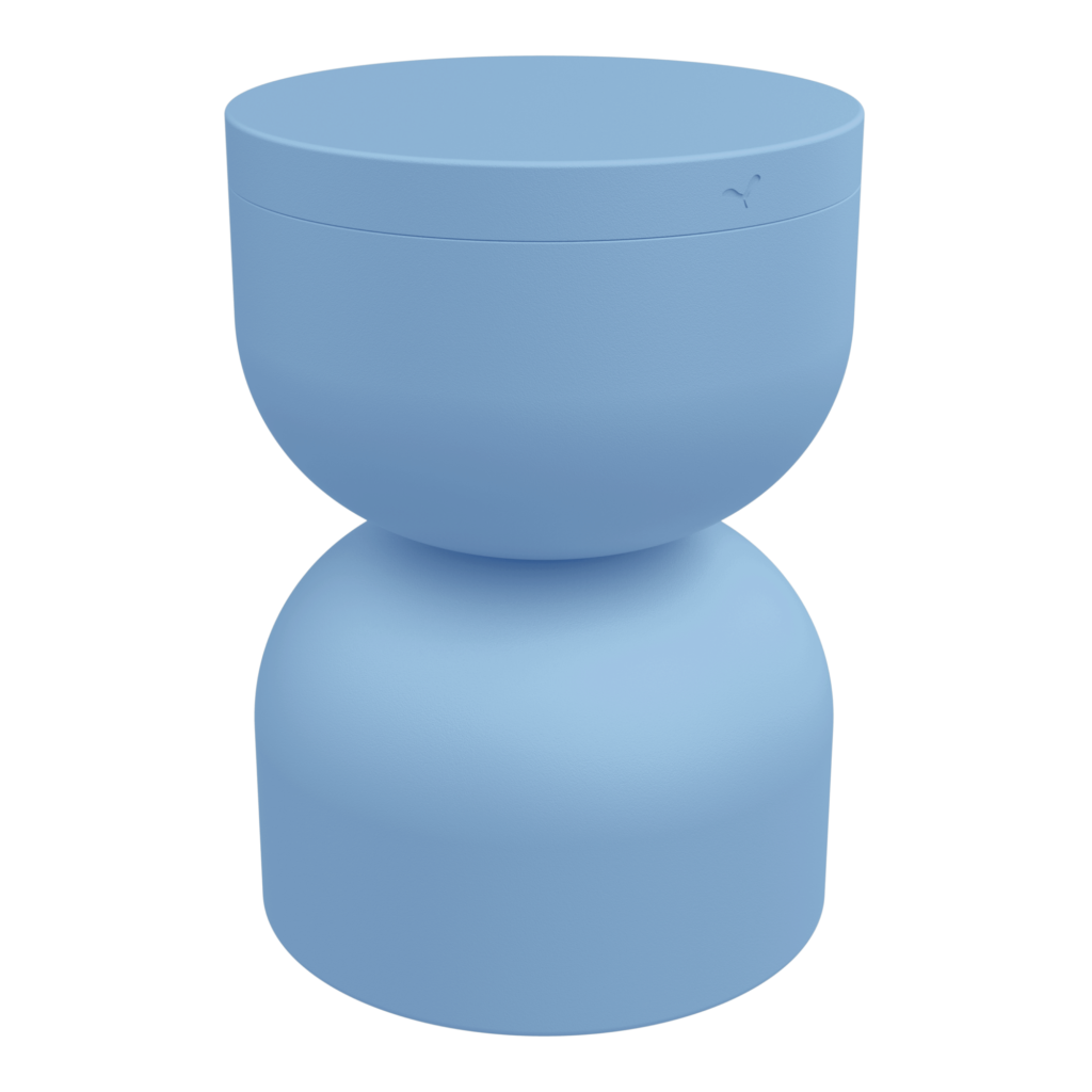Un tabouret Bleu Maya solide avec deux sections arrondies et empilées : une forme de bol sur le dessus et un bol inversé en dessous, formant une silhouette de sablier.