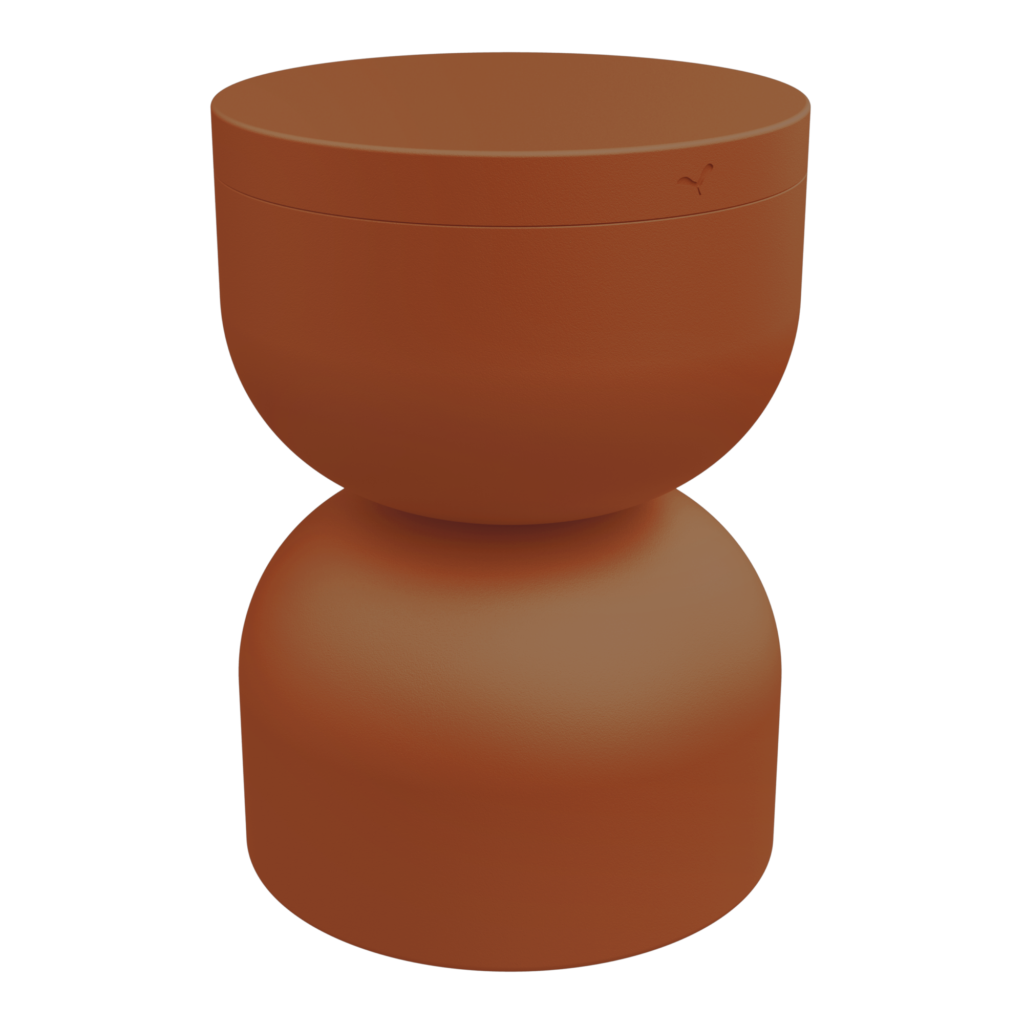 Un tabouret ou une table d'appoint marron en forme de sablier avec une finition lisse et mate et un design minimaliste, parfait pour s'associer aux intérieurs inspirés de Piapolo ou de Bleu Maya.