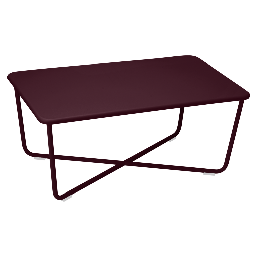 Table basse rectangulaire marron avec pieds en métal et base Croisette entrecroisée, présentée sur fond blanc.