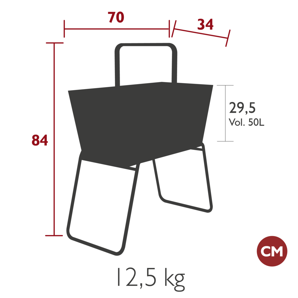 Silhouette d'un récipient rectangulaire à anse, ressemblant à une jardinière haute ou un panier, dimensions étiquetées : hauteur 84 cm, largeur 70 cm, profondeur 34 cm, volume 50 litres, poids 12,5 kg.