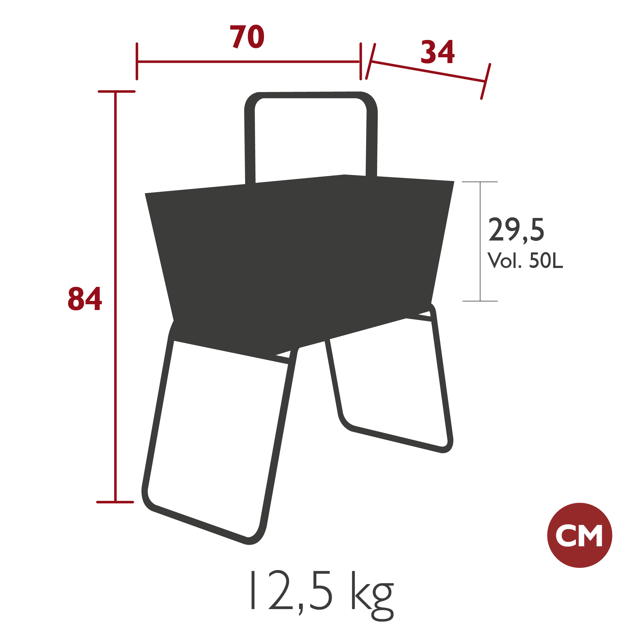 Silhouette d'un récipient rectangulaire à anse, ressemblant à une jardinière haute ou un panier, dimensions étiquetées : hauteur 84 cm, largeur 70 cm, profondeur 34 cm, volume 50 litres, poids 12,5 kg.