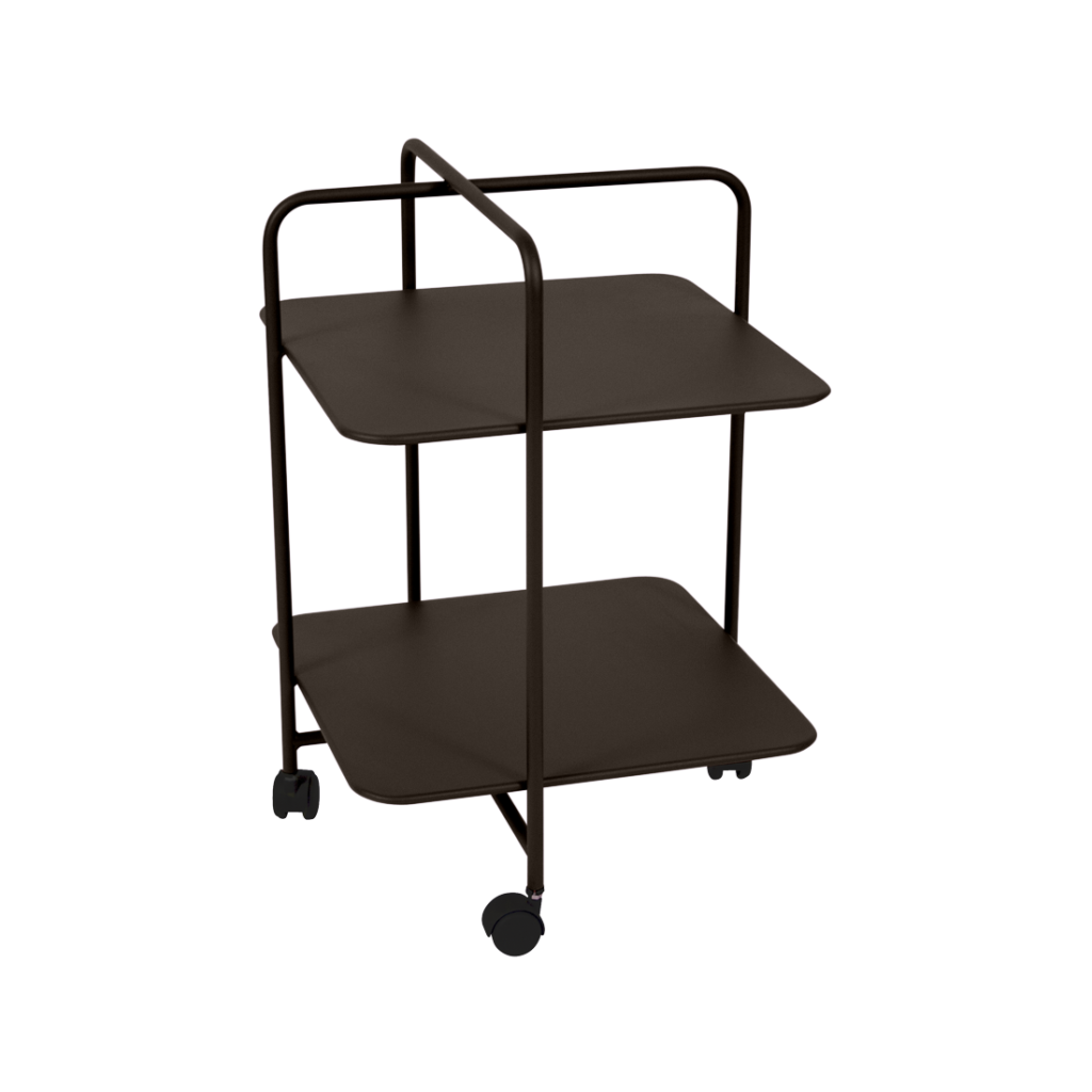 Un chariot roulant Guéridon Alfred noir à deux niveaux avec des étagères carrées et des bords arrondis se détache sur un fond Bleu Maya violet clair uni.