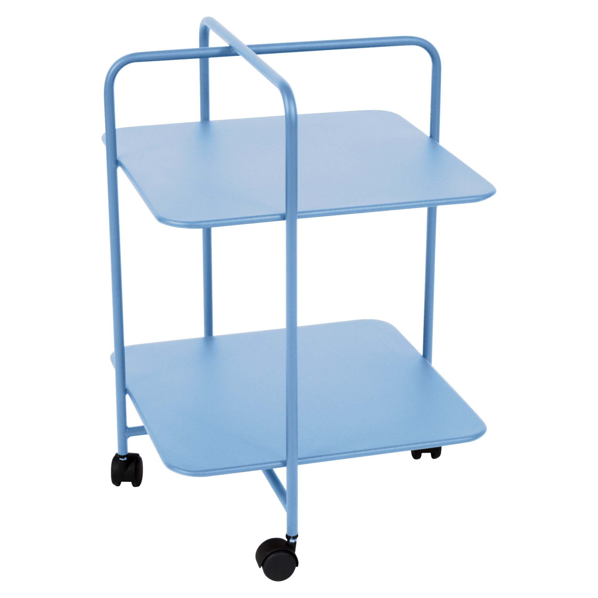 Chariot utilitaire en métal bleu à deux niveaux en Bleu Maya, inspiré du Guéridon Alfred, avec une poignée et quatre roulettes.