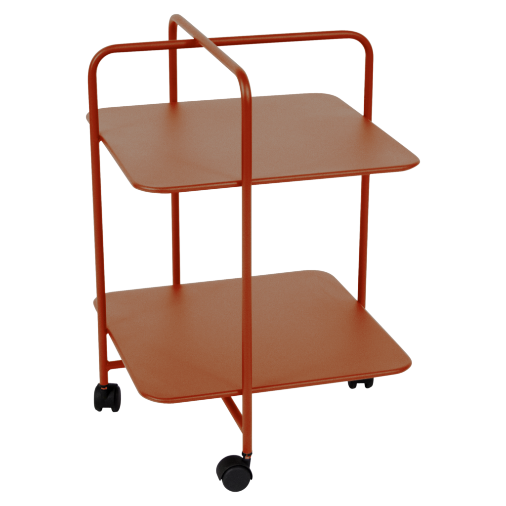 Un chariot roulant en métal orange à deux niveaux, inspiré du style Guéridon Alfred, présente un design minimaliste et quatre roulettes.