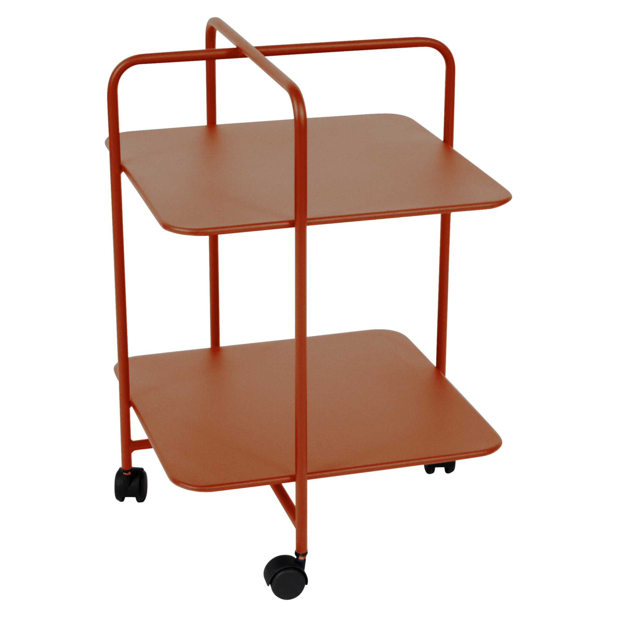 Un chariot roulant en métal orange à deux niveaux, inspiré du style Guéridon Alfred, présente un design minimaliste et quatre roulettes.