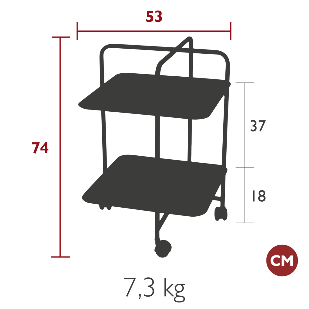 Silhouette d'un chariot Guéridon Alfred à deux niveaux sur roulettes avec dimensions : hauteur 74 cm, largeur 53 cm, hauteurs des étagères 37 cm et 18 cm ; poids total 7,3 kg.