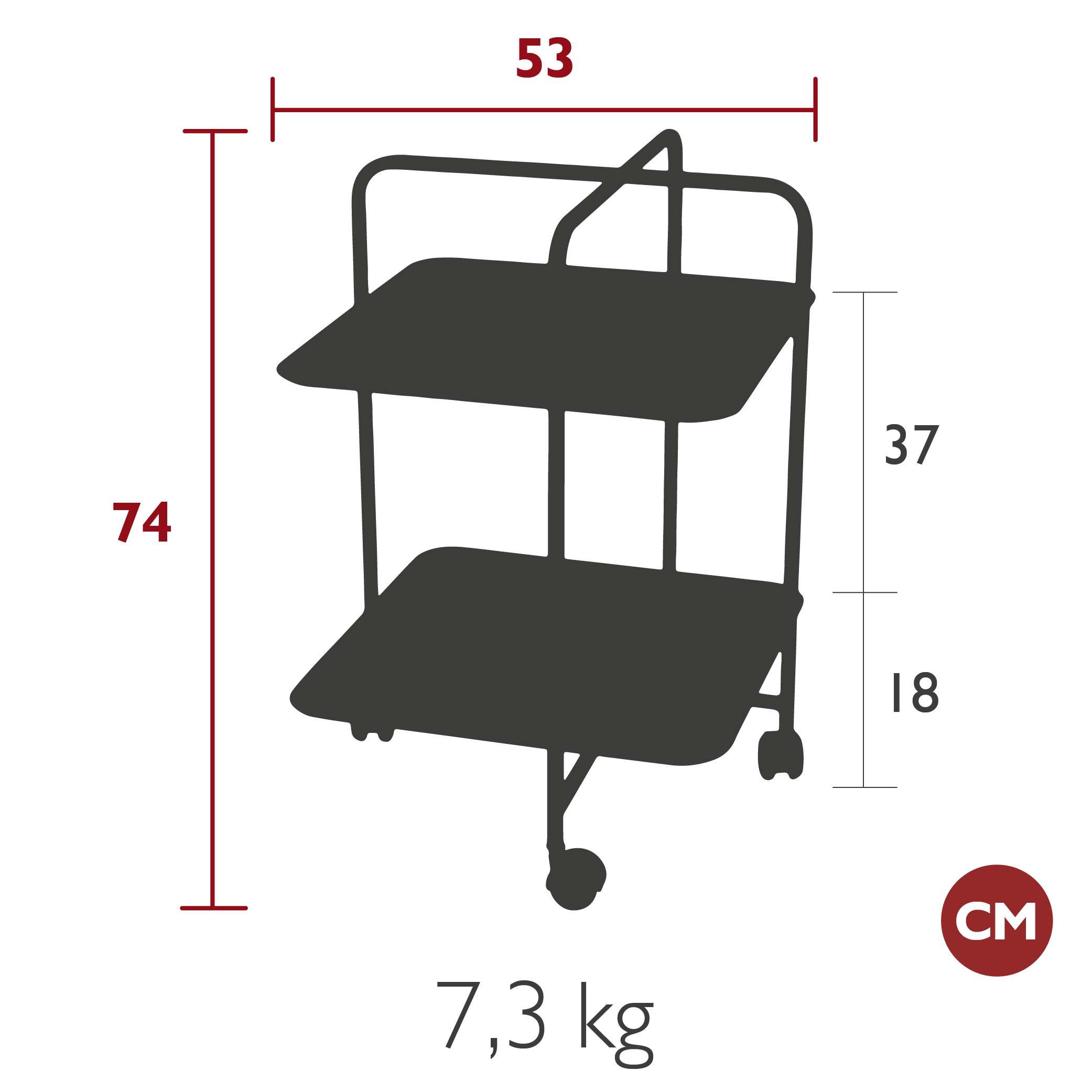 Silhouette d'un chariot Guéridon Alfred à deux niveaux sur roulettes avec dimensions : hauteur 74 cm, largeur 53 cm, hauteurs des étagères 37 cm et 18 cm ; poids total 7,3 kg.