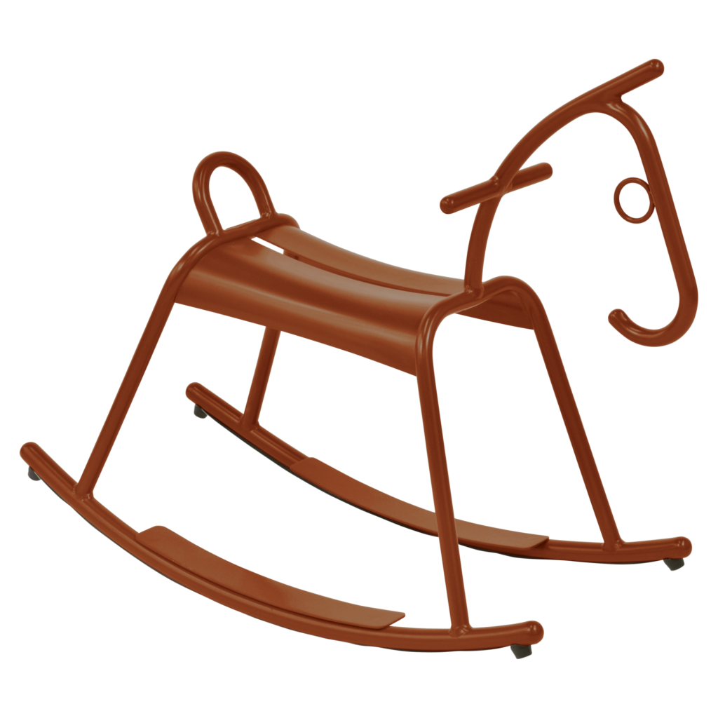 Un cheval à bascule minimaliste en métal marron au design simple et moderne, parfait pour les fans d'Adada et de Bleu Maya.