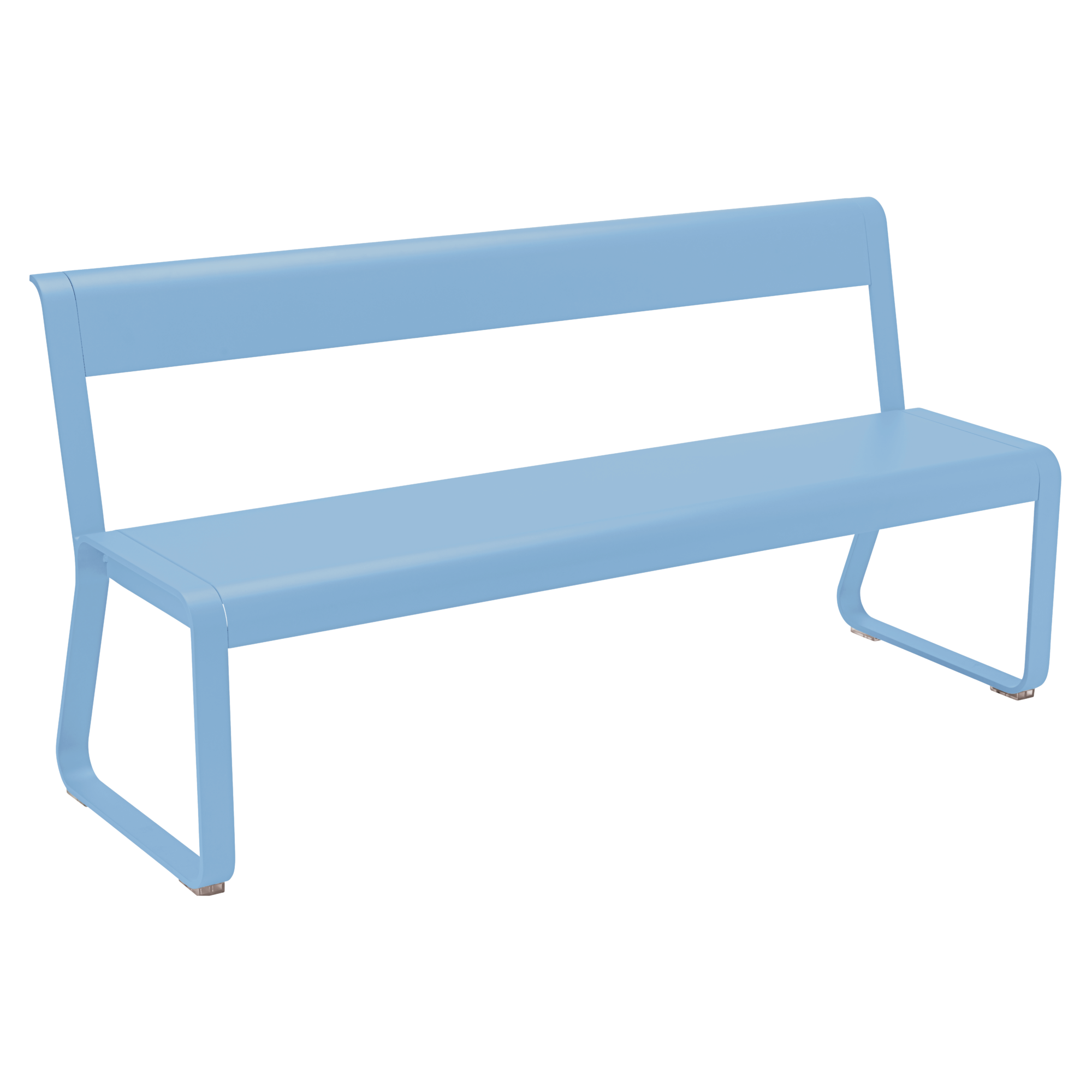 Banc à dossier Bleu Maya Bellevie avec accoudoirs, ce banc en métal bleu clair présente un design minimaliste et moderne.