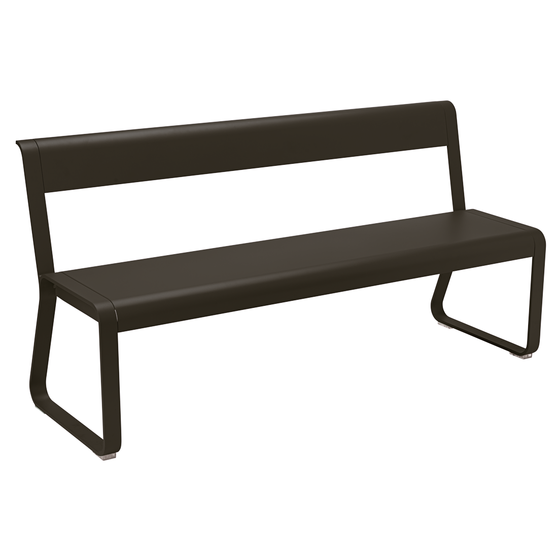 Un banc à dossier moderne en métal noir Bellevie sans accoudoirs, sur fond violet clair.