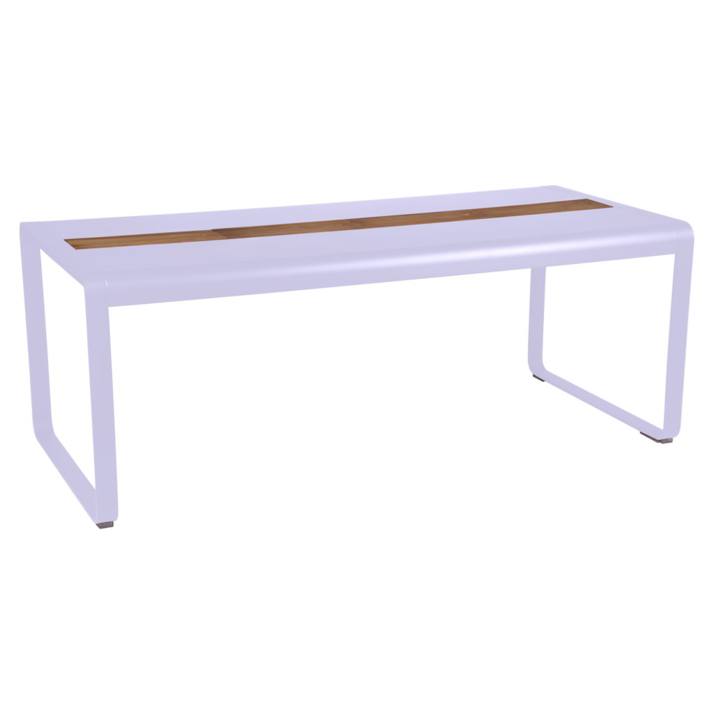 Un banc rectangulaire moderne avec une structure en métal blanc et une latte centrale en bois, inspiré du design épuré de la table Bellevie, parfait pour une assise et un rangement élégants.