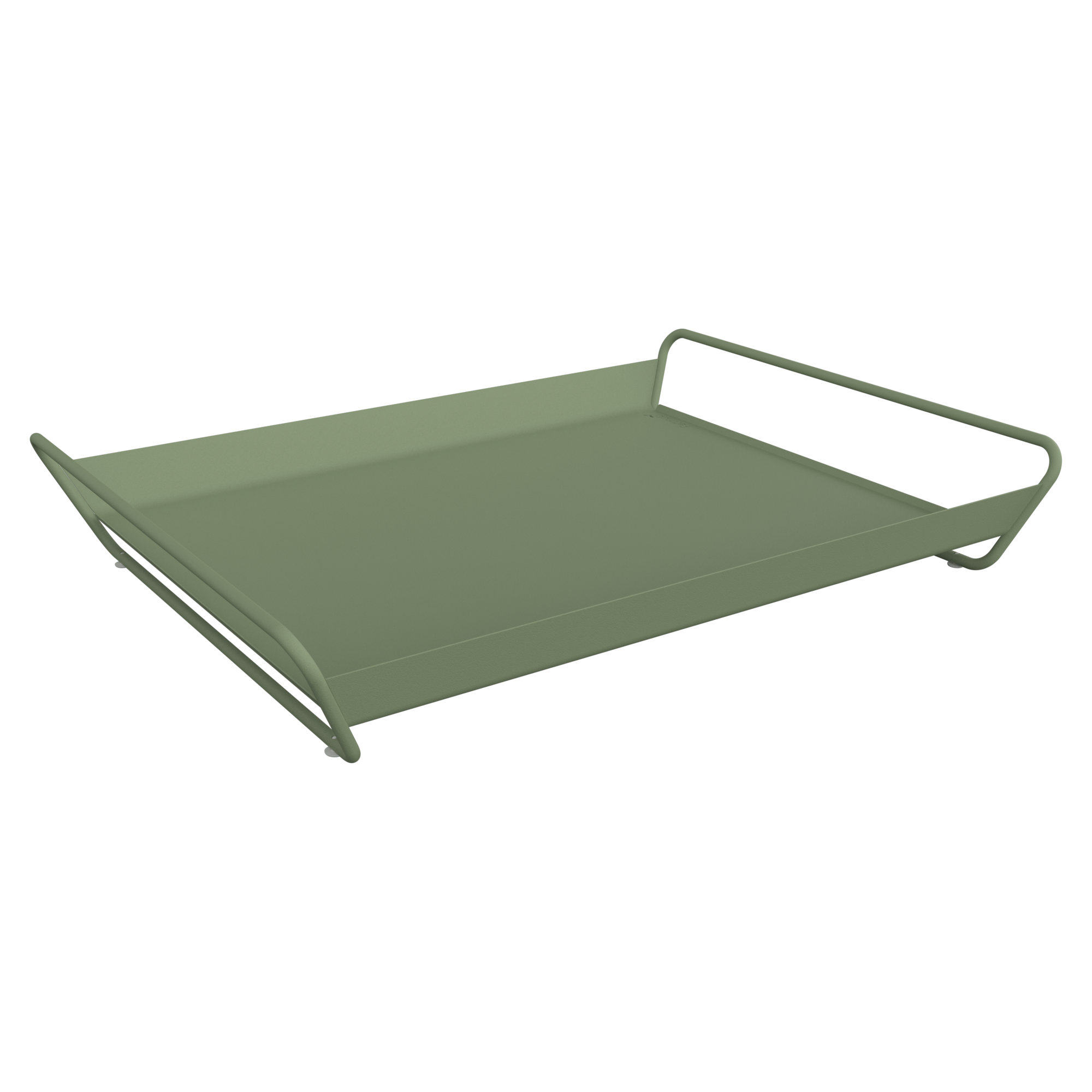 Plateau rectangulaire Plateau Alto en métal vert olive, 53 x 38 cm, avec poignées surélevées sur les deux petits côtés, sur fond noir.