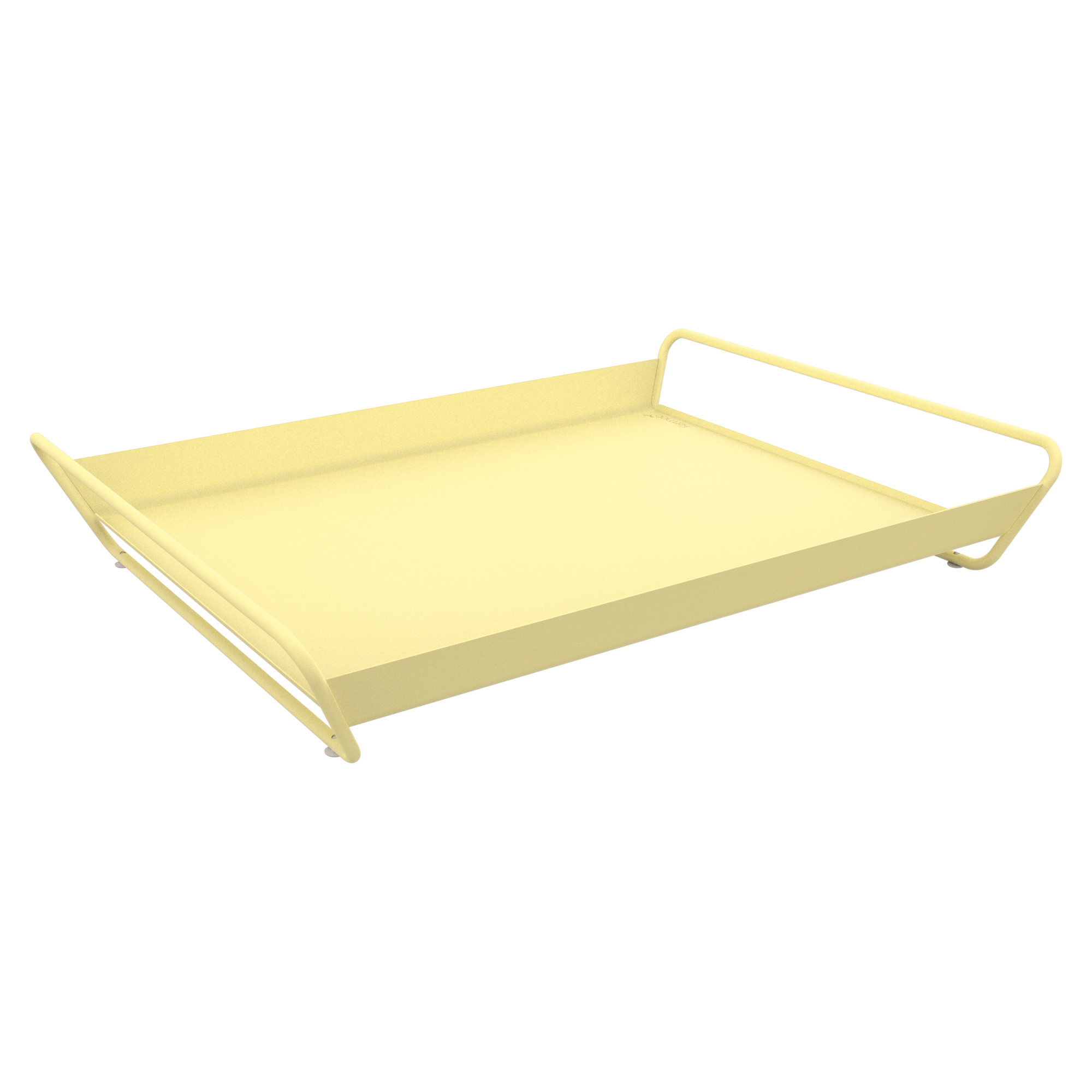 Plateau Alto rectangulaire jaune à bords relevés et poignées incurvées des deux côtés, mesurant 53 x 38 cm, posé sur un fond noir.