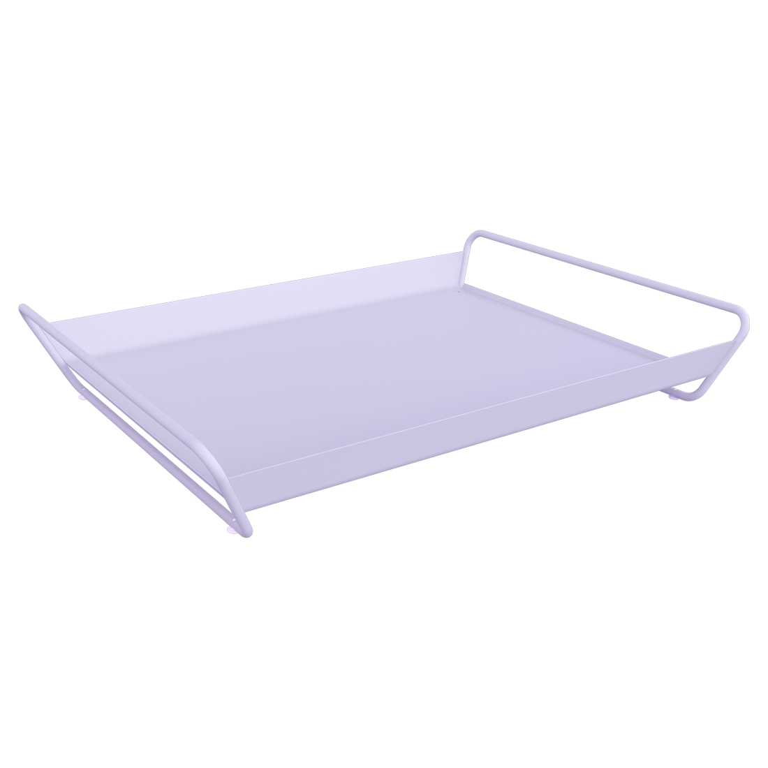 Plateau Alto rectangulaire en métal violet clair mesurant 53 x 38 cm avec des poignées surélevées sur les deux côtés les plus courts, sur fond violet Guimauve uni.