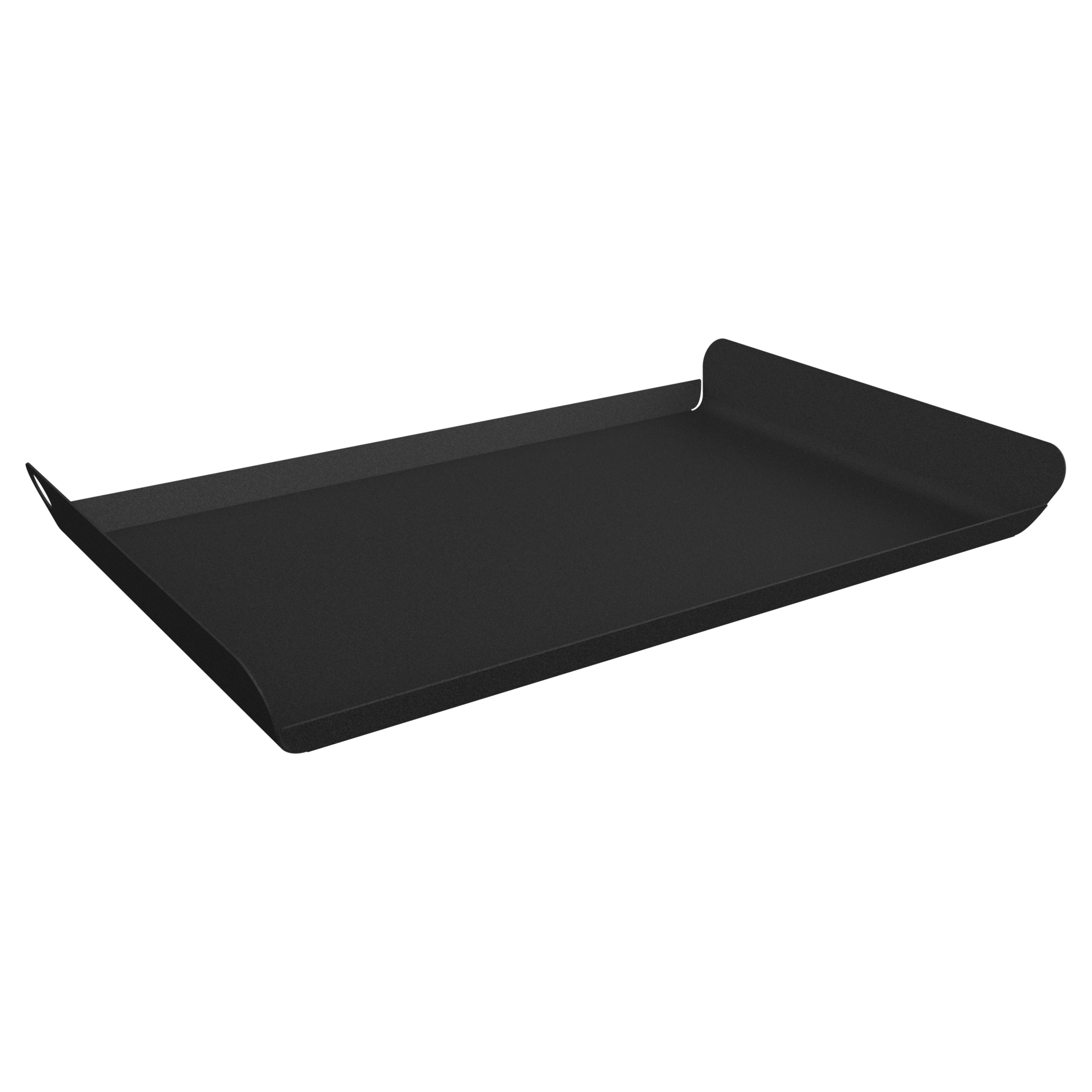 Un plat de cuisson en métal noir Plateau Alto, fabriqué en Carbone et mesurant 36 x 23 cm, présente des côtés surélevés sur trois bords et est présenté sur un fond noir uni.
