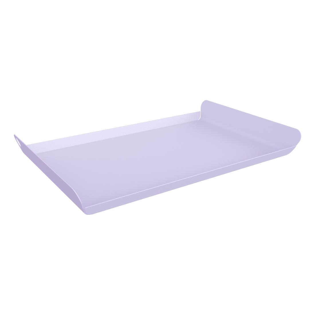 Un matelas à langer rectangulaire lilas, 36 x 23 cm, aux bords incurvés et surélevés sur les côtés opposés, présenté sur fond blanc. Il fait partie de la collection Plateau Alto, dans l'élégante teinte gris argile.