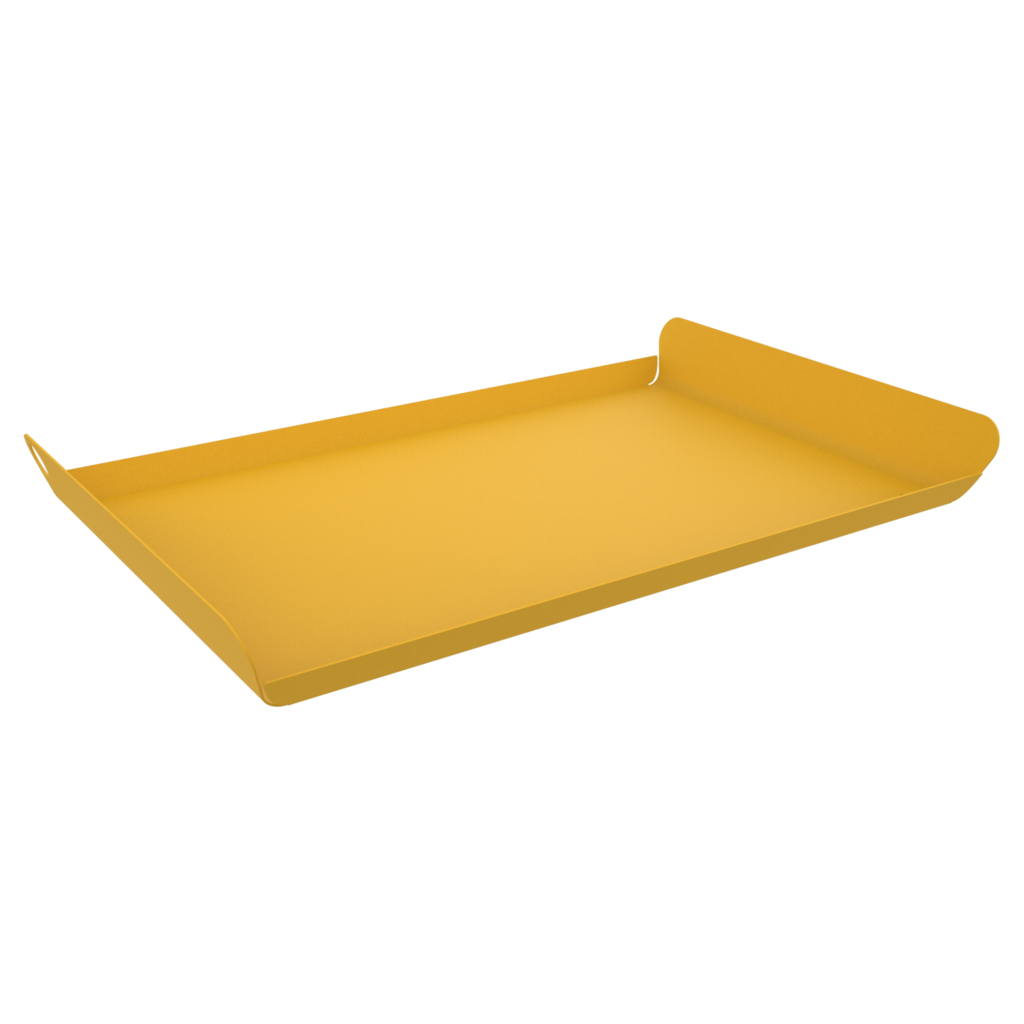 Plateau rectangulaire jaune Plateau Alto, mesurant 36 x 23 cm avec des bords surélevés sur deux côtés opposés, présenté sur un fond noir.