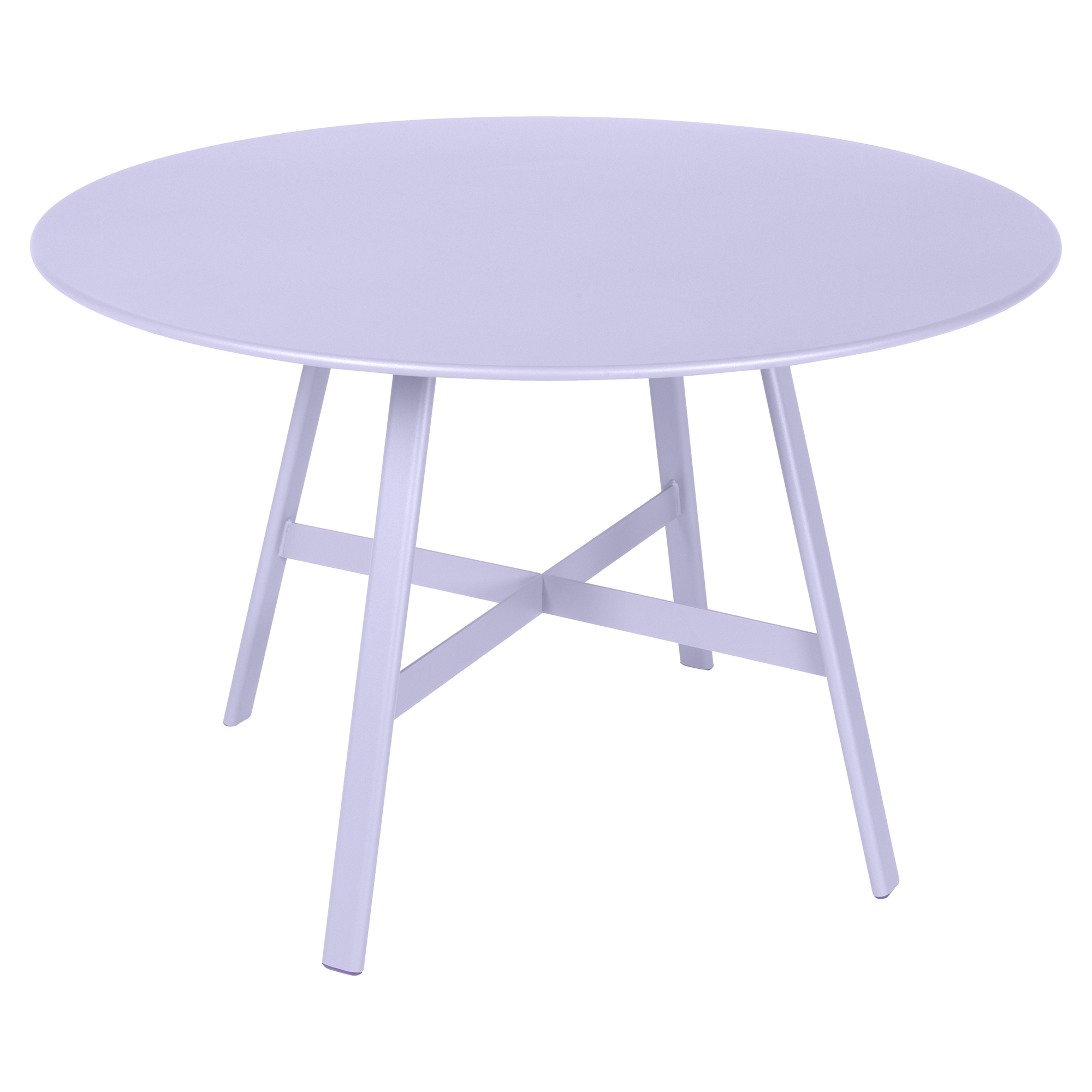 Table ronde So'O violet clair, diam 117cm, avec quatre pieds inclinés et un support de barre transversale en dessous.