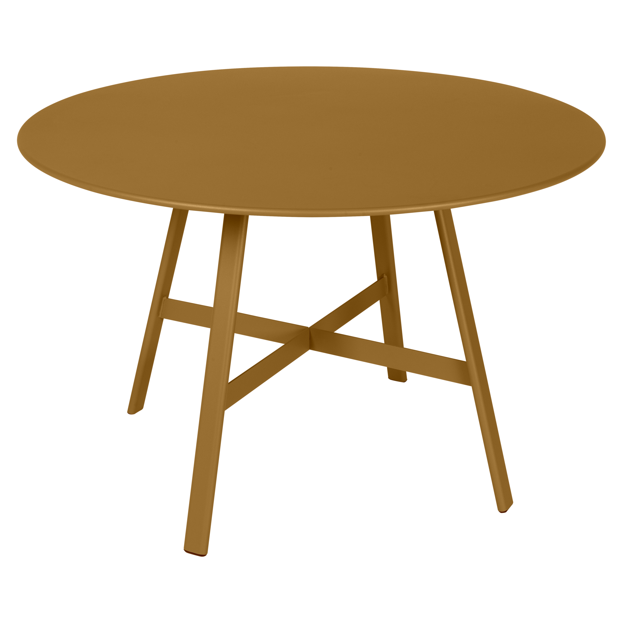 Table ronde marron So'O avec quatre pieds inclinés et un support de barre transversale en dessous ; diamètre 117 cm.