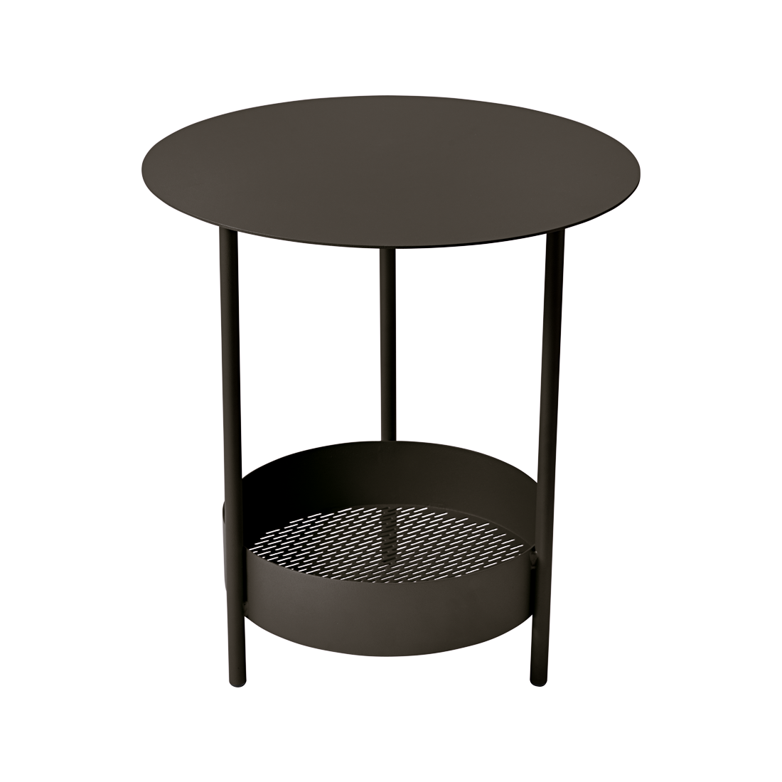 Table d'appoint ronde Guéridon Salsa en métal noir avec plateau inférieur en résille, positionnée sur un fond mauve uni.