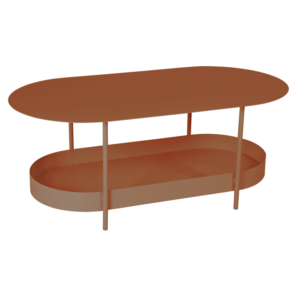 Table basse de forme ovale, de couleur brun orangé, avec une étagère de rangement inférieure et quatre pieds verticaux, parfaite pour ajouter une touche de style Salsa à votre espace de vie.