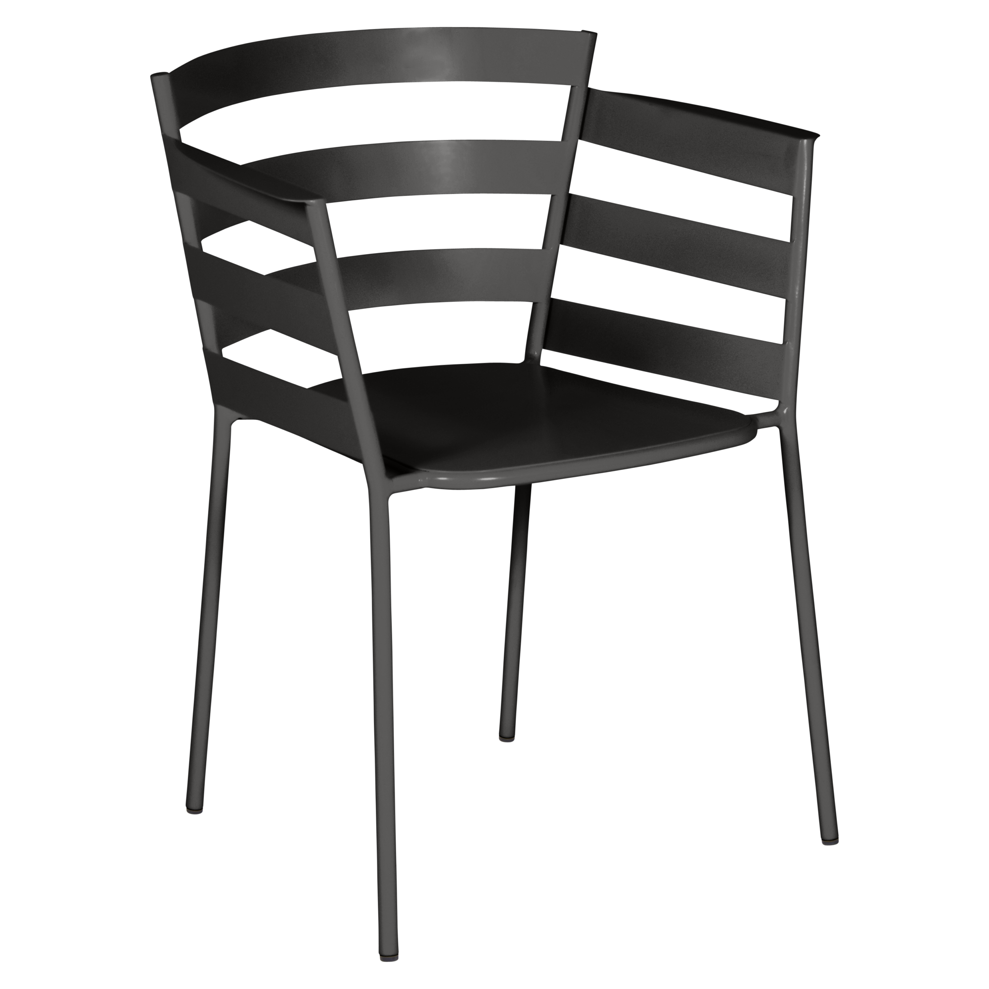 Fauteuil en métal noir avec dossier à lattes et quatre pieds droits, rappelant le Fauteuil Rythmic, photographié sur un fond cerise noire.