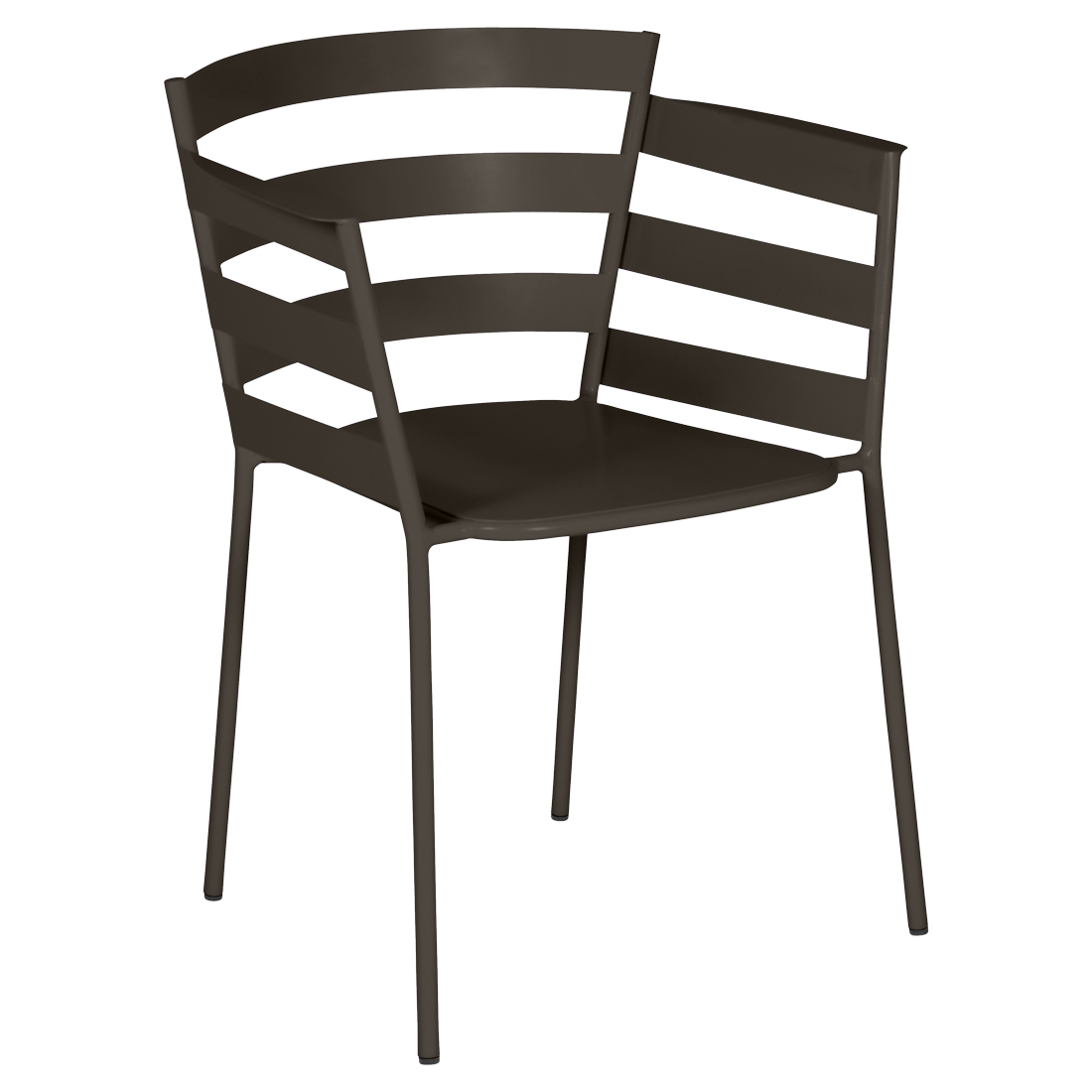 Une chaise moderne en métal de couleur foncée, inspirée du design du Fauteuil Rythmic, présente des lattes horizontales sur le dossier et quatre pieds droits, sur un fond violet clair.